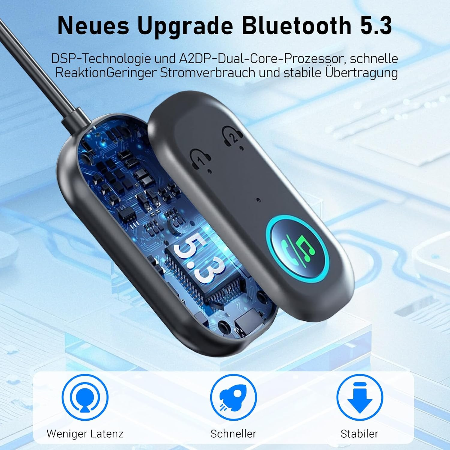 Ein schwarzer Bluetooth 5.3 Adapter mit offenem Gehäuse, das die blaue Platine und Elektronik zeigt.