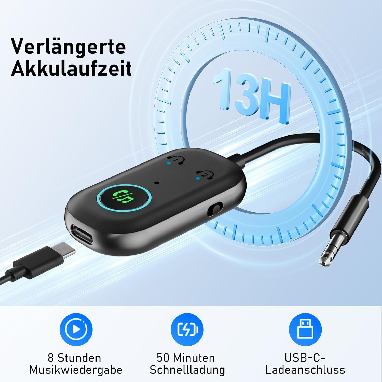 Bluetooth-Empfänger mit USB-C-Kabel und 3,5-mm-Klinkenstecker, 13 Stunden Akkulaufzeit.