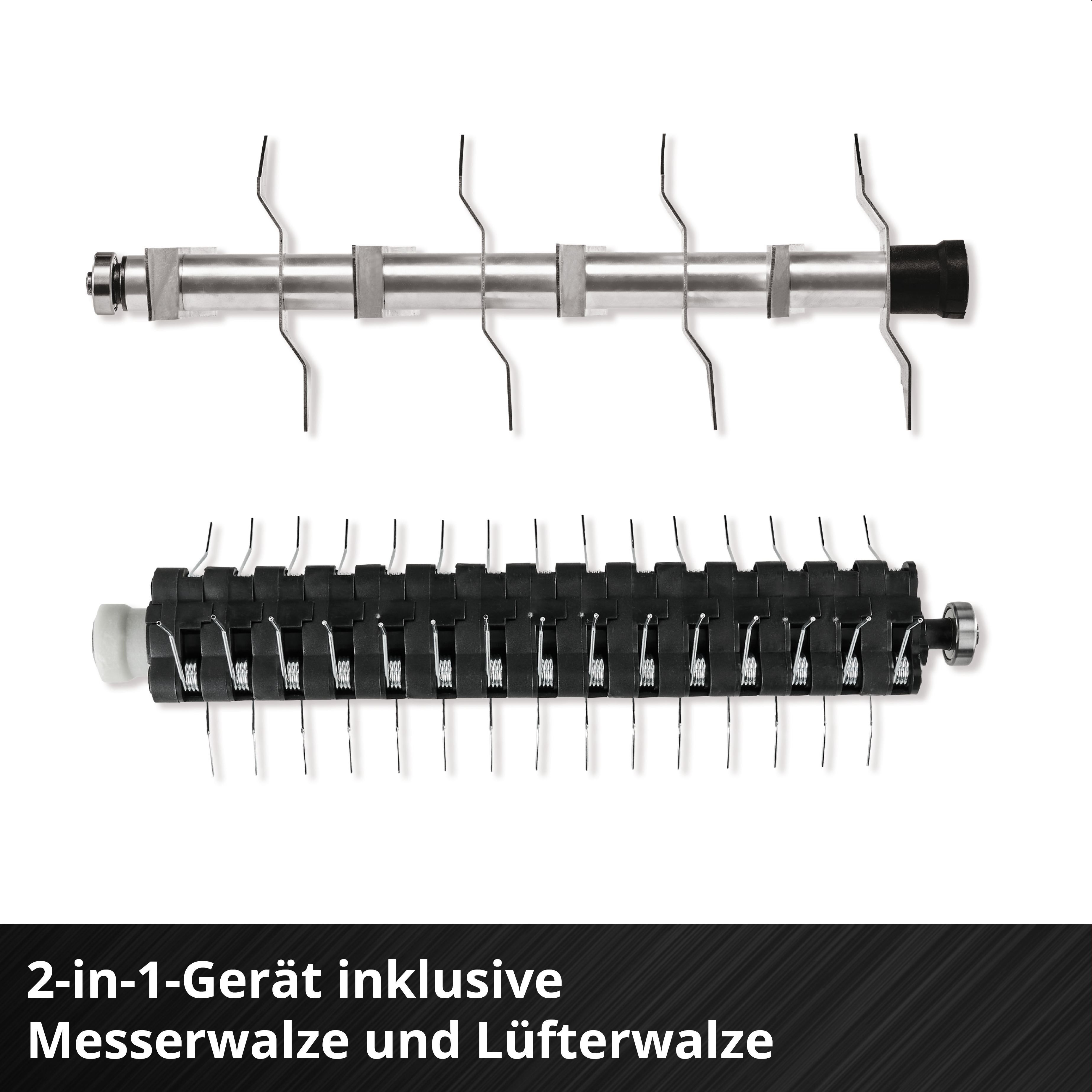 Zwei Walzen für Vertikutierer mit Messern und Federzinken auf weißem Hintergrund und Text unten.