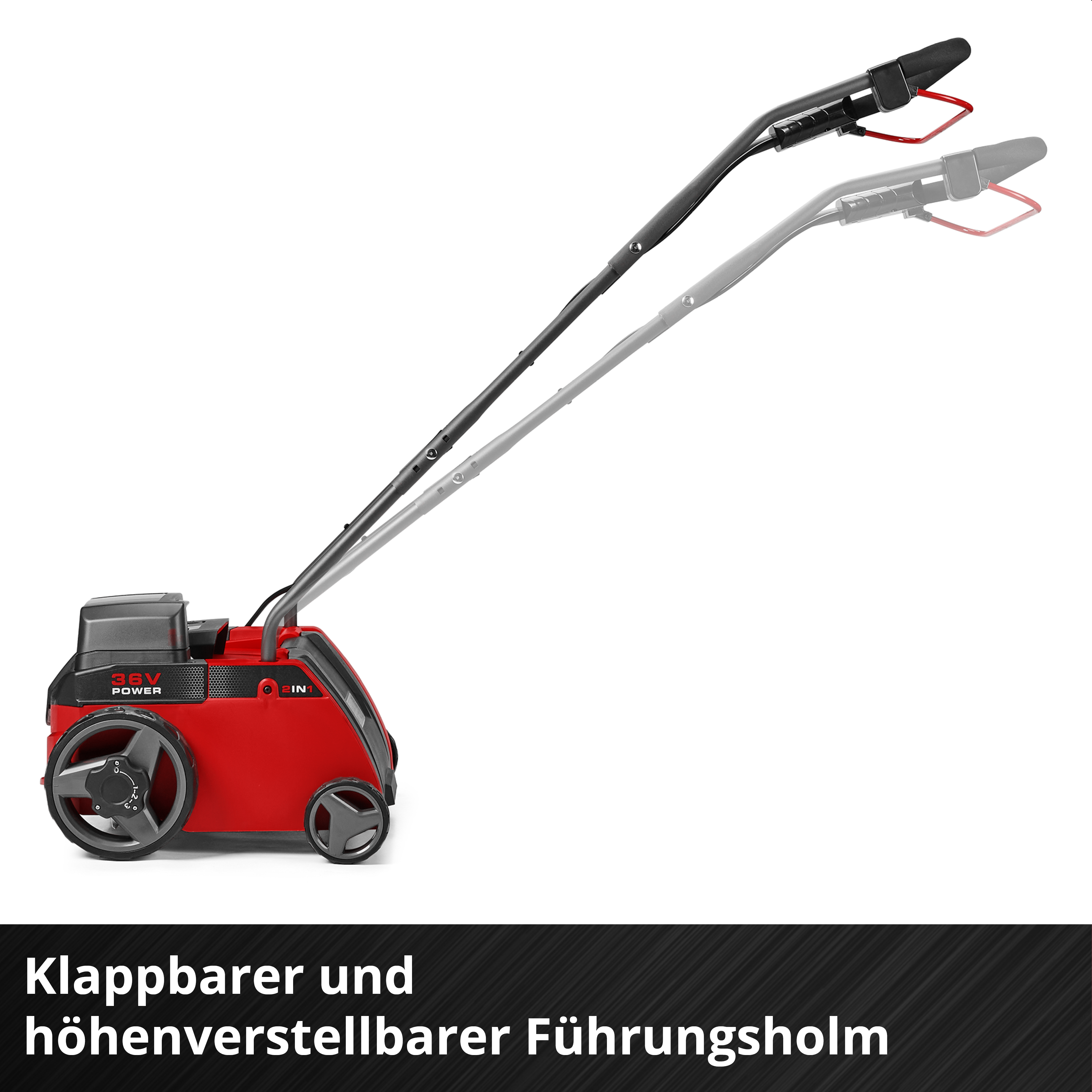 Roter 36V-Gartengerät mit klappbarem und höhenverstellbarem Führungsholm auf weißem Hintergrund.