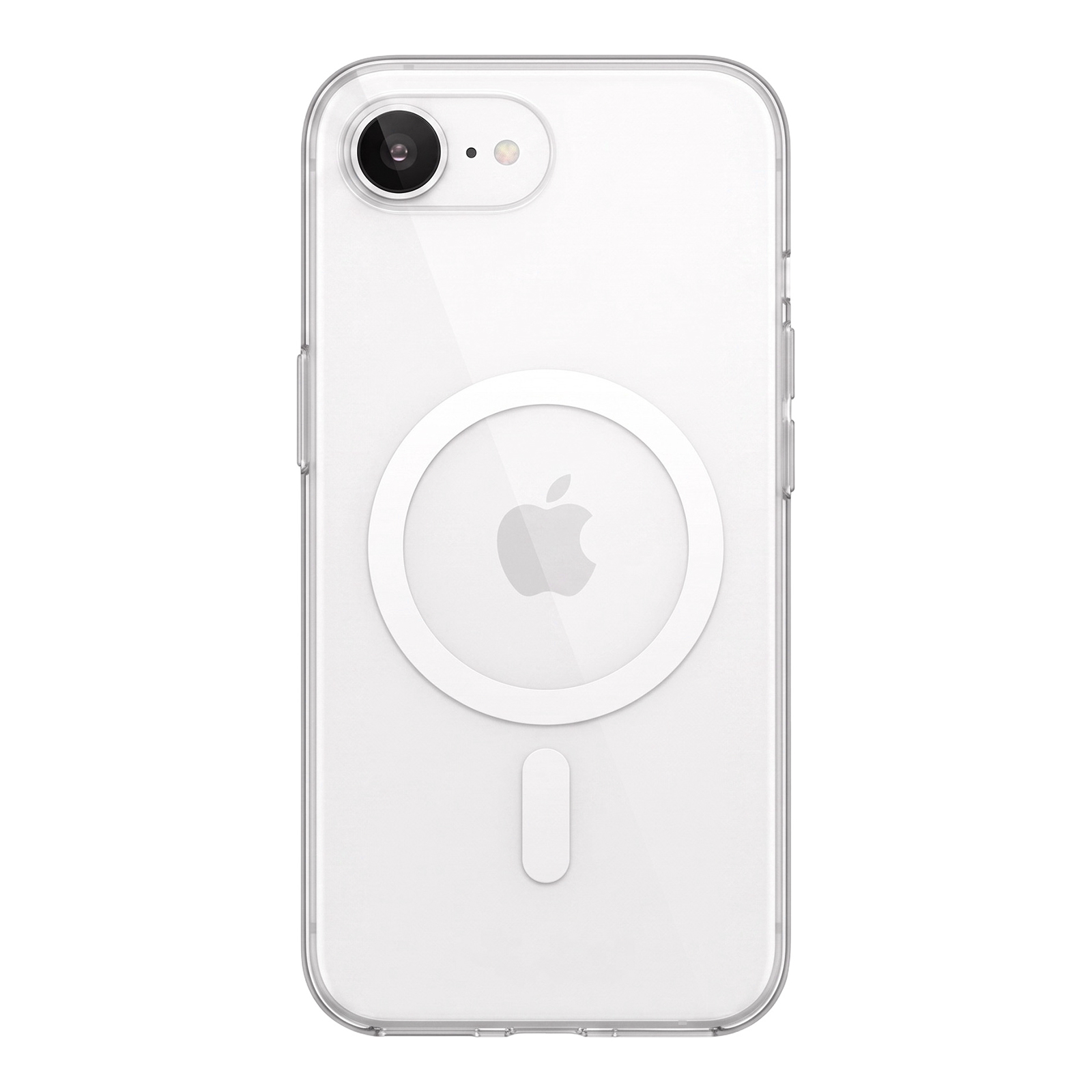 Transparente iPhone Hülle mit MagSafe und Apple Logo auf der Rückseite.