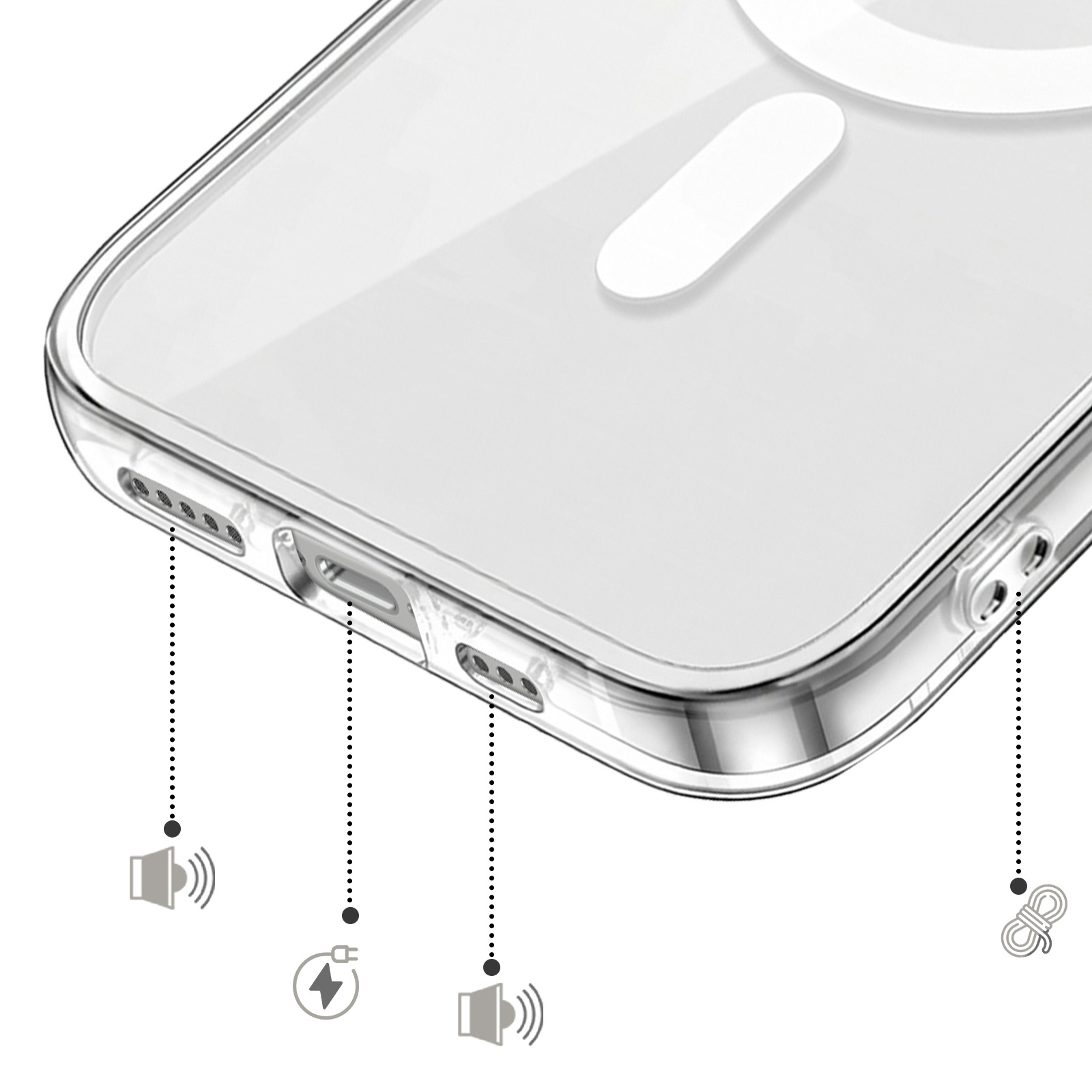 Nahaufnahme der Unterseite einer transparenten Handyhülle mit Icons für Lautsprecher, Ladeanschluss und Schlaufe.