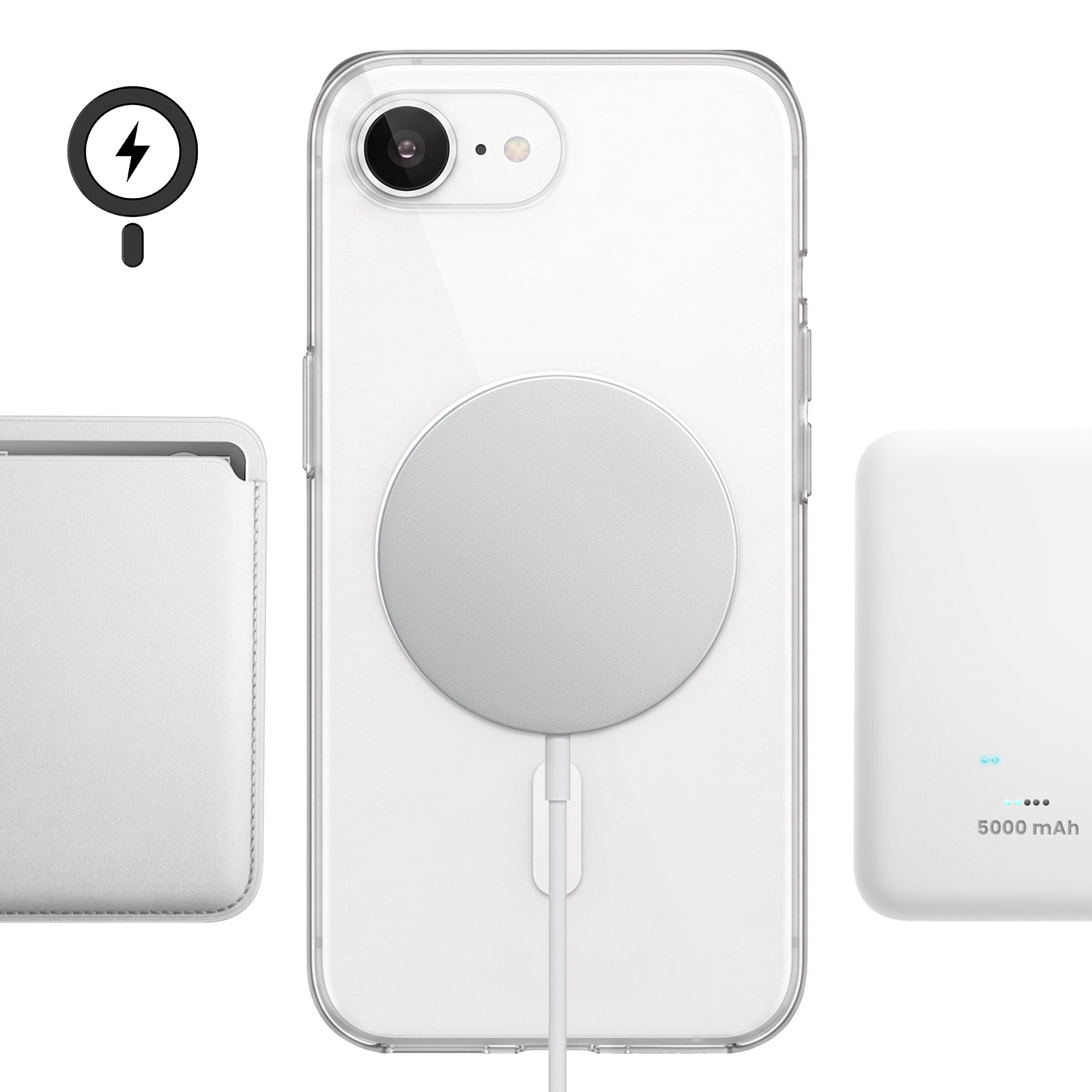 Transparente Handyhülle mit MagSafe-Lader, Lederetui und 5000 mAh Powerbank auf weißem Hintergrund.