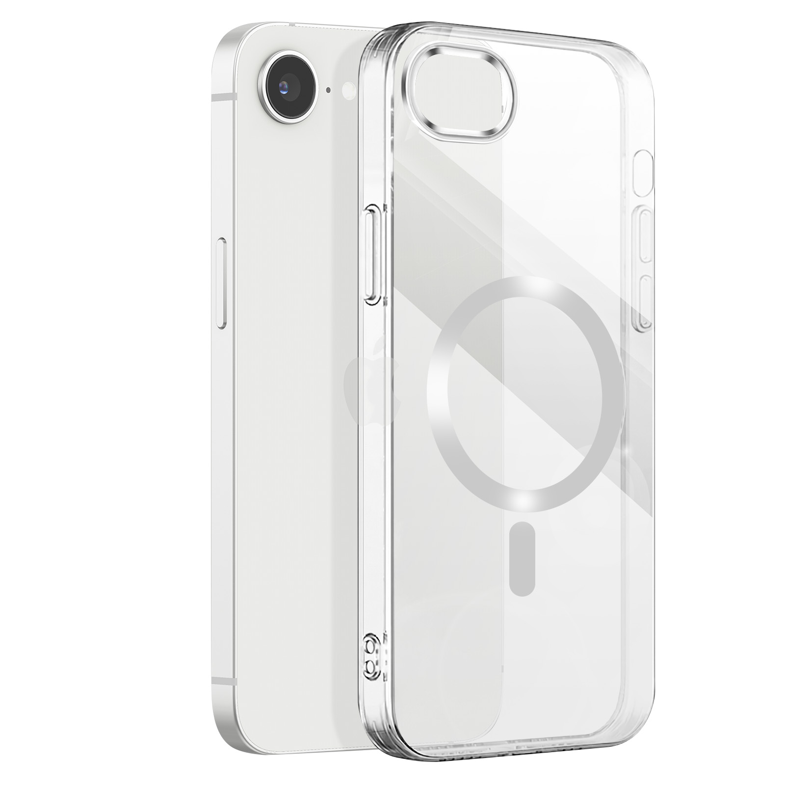 Ein weißes Smartphone mit einer Kamera neben einer transparenten Schutzhülle mit MagSafe-Ring.