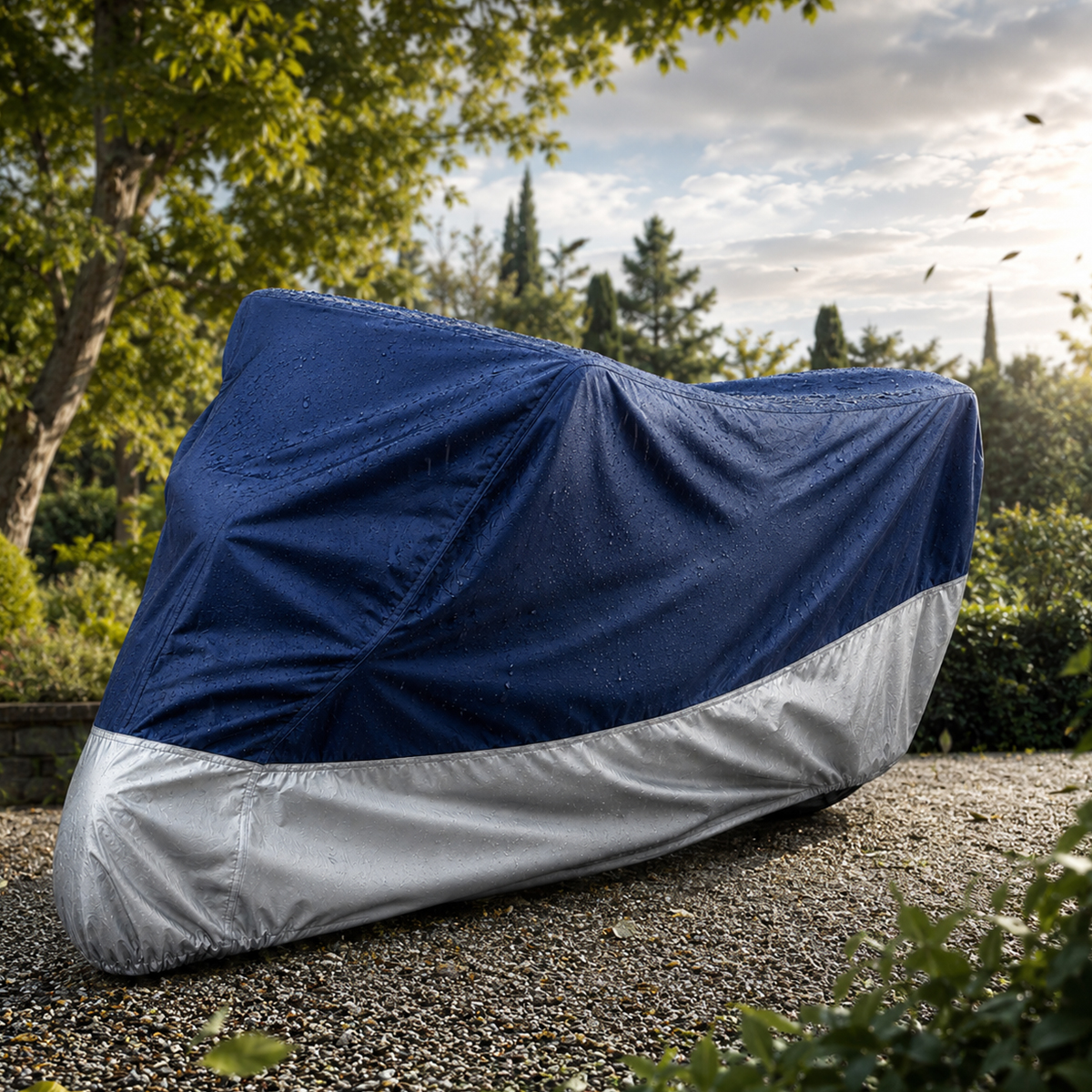 Eine blau-silberne Motorradabdeckung schützt ein Motorrad auf einem Kiesweg im Freien bei Tag.