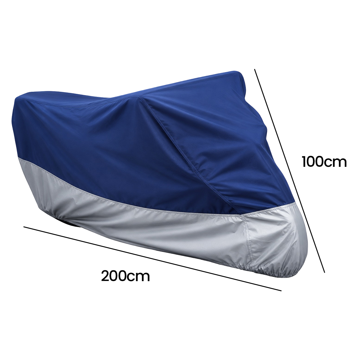 Blaue und silberne Motorradabdeckung mit Maßen von 200cm Länge und 100cm Höhe auf weißem Hintergrund.