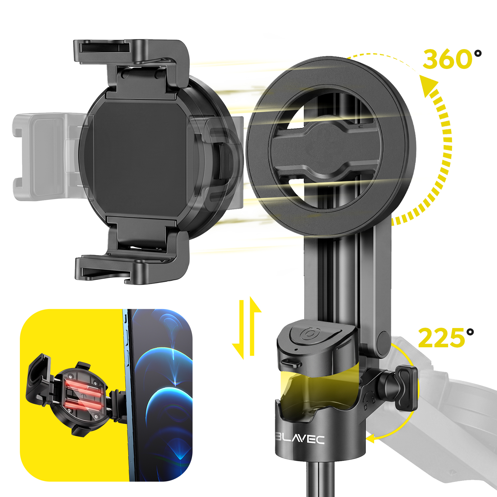 Schwarze Handyhalterung mit 360-Grad-Drehung und 225-Grad-Neigung, inklusive Smartphone-Beispiel.