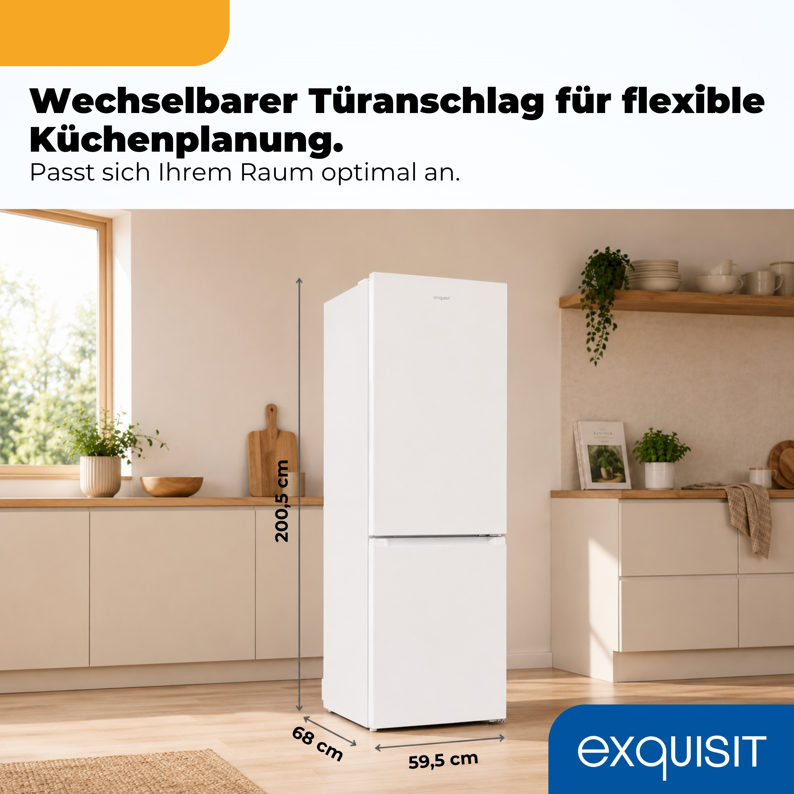 Weißer Exquisit-Kühlschrank in einer modernen Küche mit Maßangaben 200,5 cm Höhe, 68 cm Tiefe und 59,5 cm Breite.