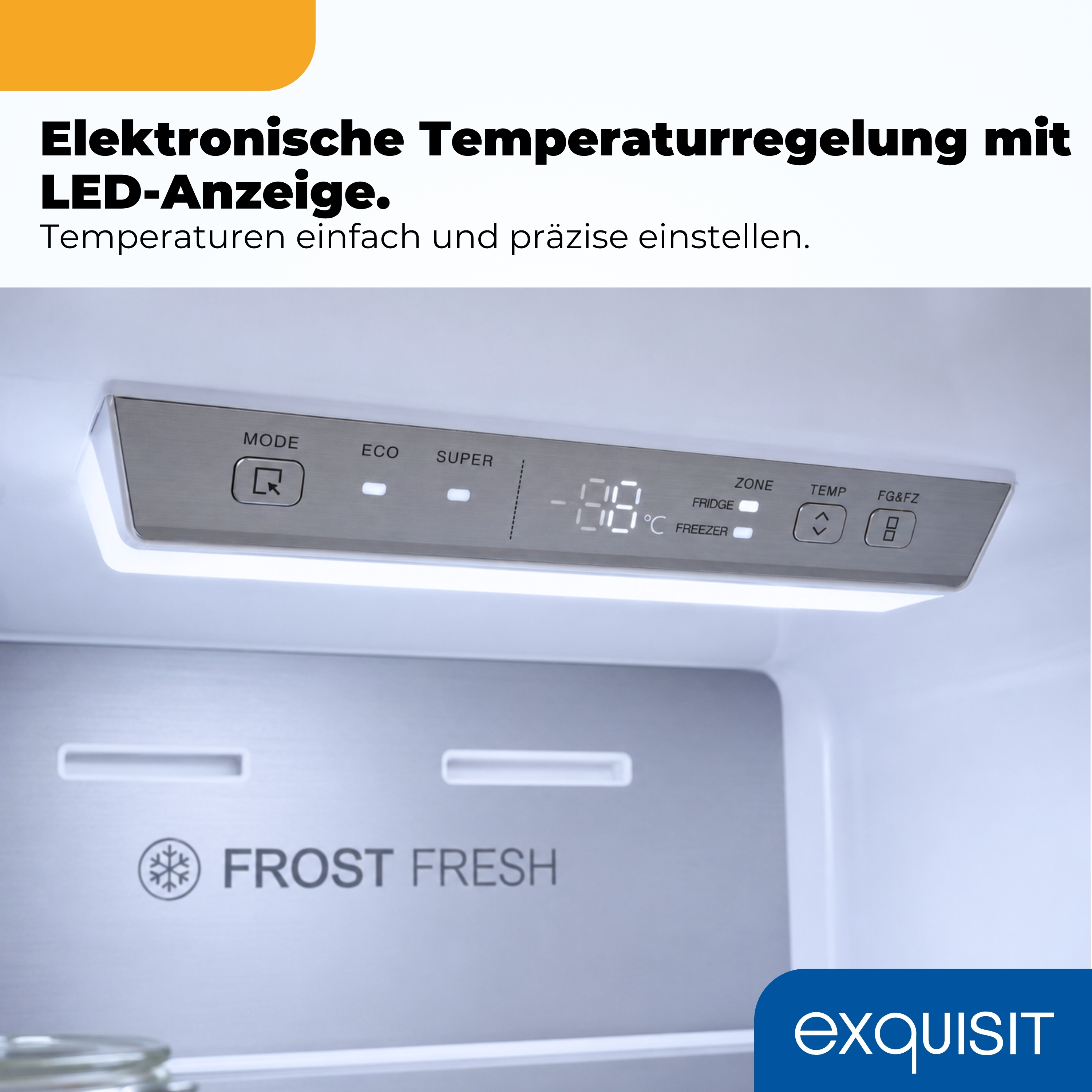 Kühlschrank-Bedienfeld mit LED-Anzeige und Frost-Fresh-Logo.