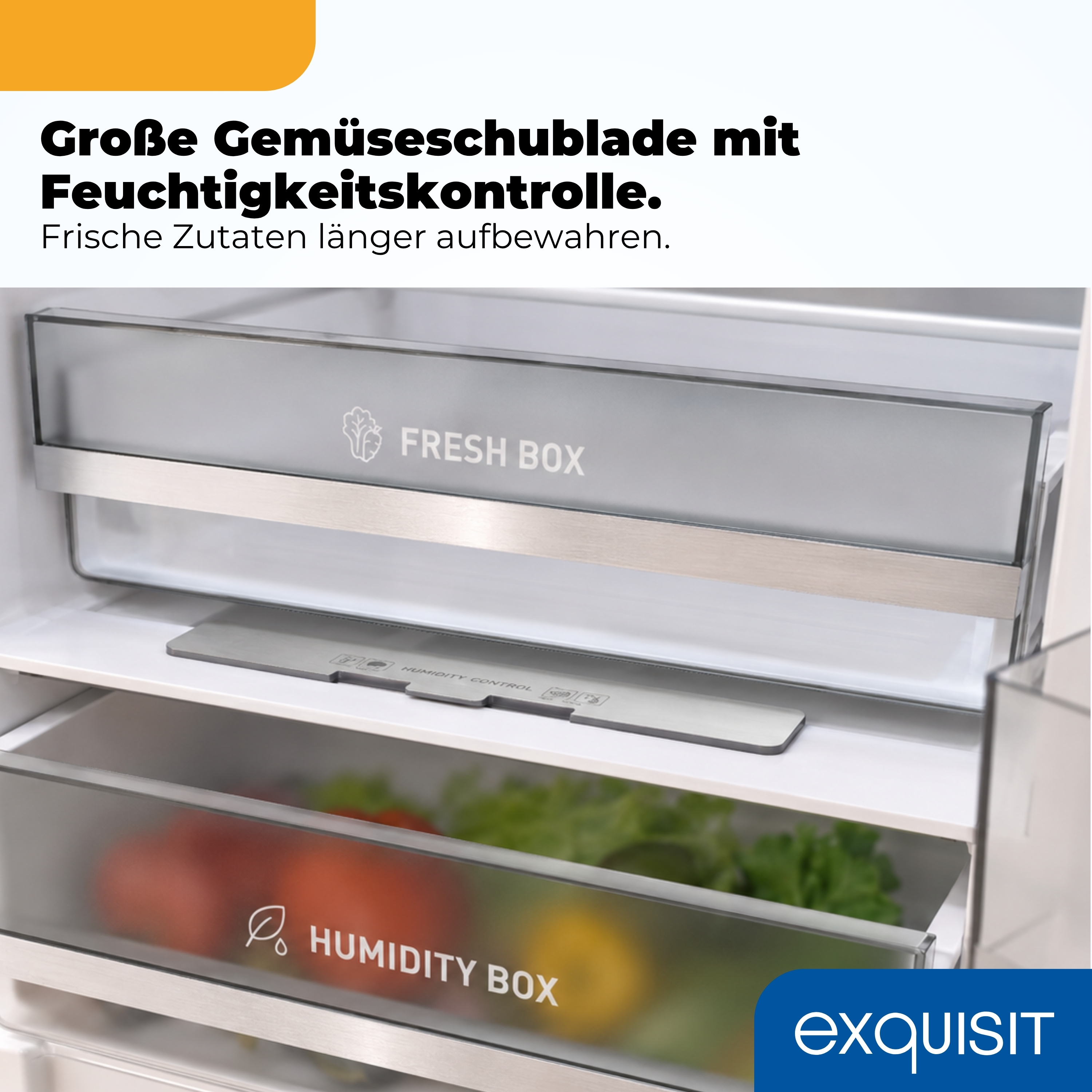 Geöffnetes Kühlschrankinnere mit Fresh Box und Humidity Box gefüllt mit frischem Gemüse.