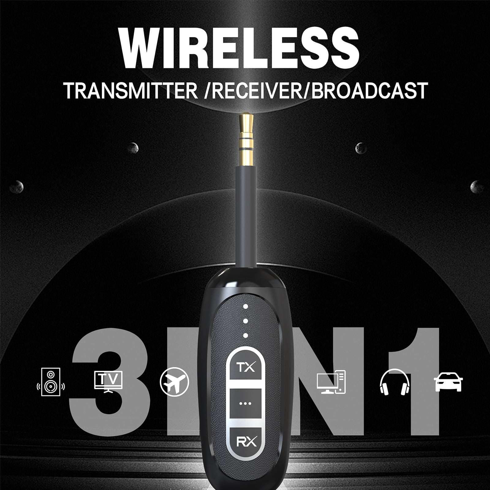 Schwarzer 3-in-1-Wireless-Audio-Transmitter und -Receiver mit 3,5-mm-Klinkenstecker.