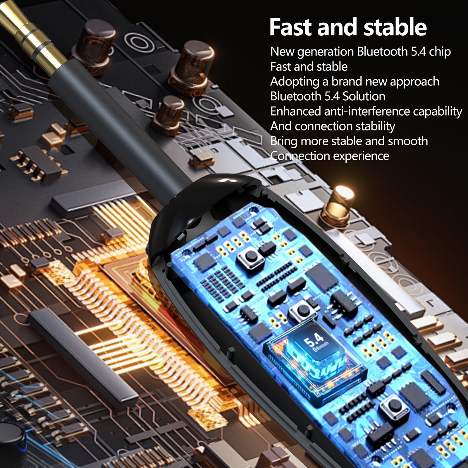 Ein offener Audioadapter zeigt seine blaue Platine mit 5.4 Bluetooth-Chip über einer größeren Elektronikplatine.
