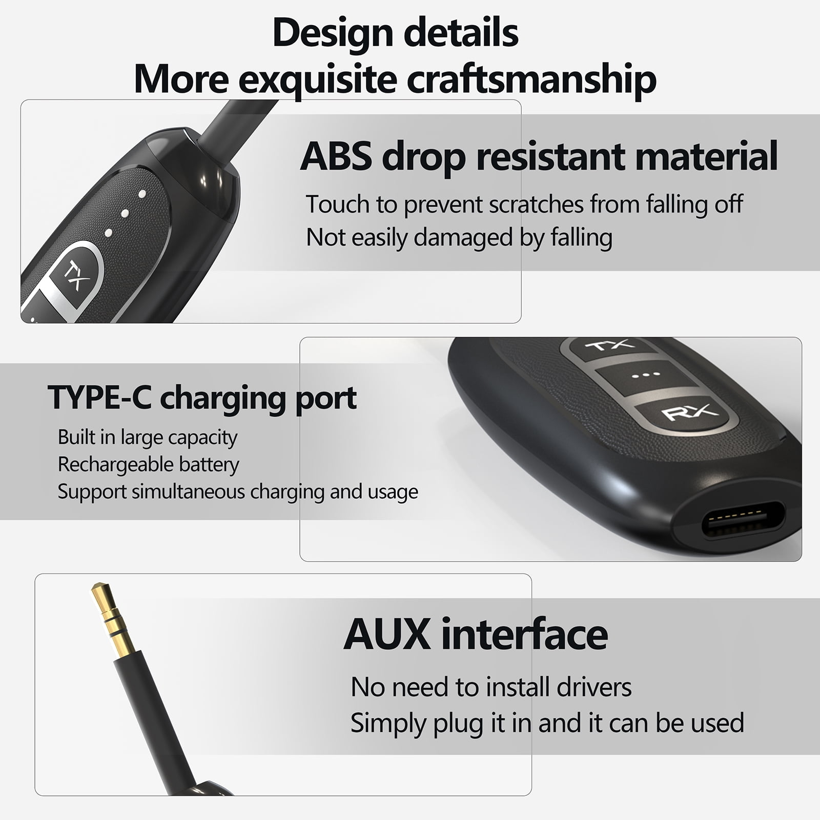 Produktdetails: ABS-Material, Typ-C-Ladeanschluss und AUX-Schnittstelle.