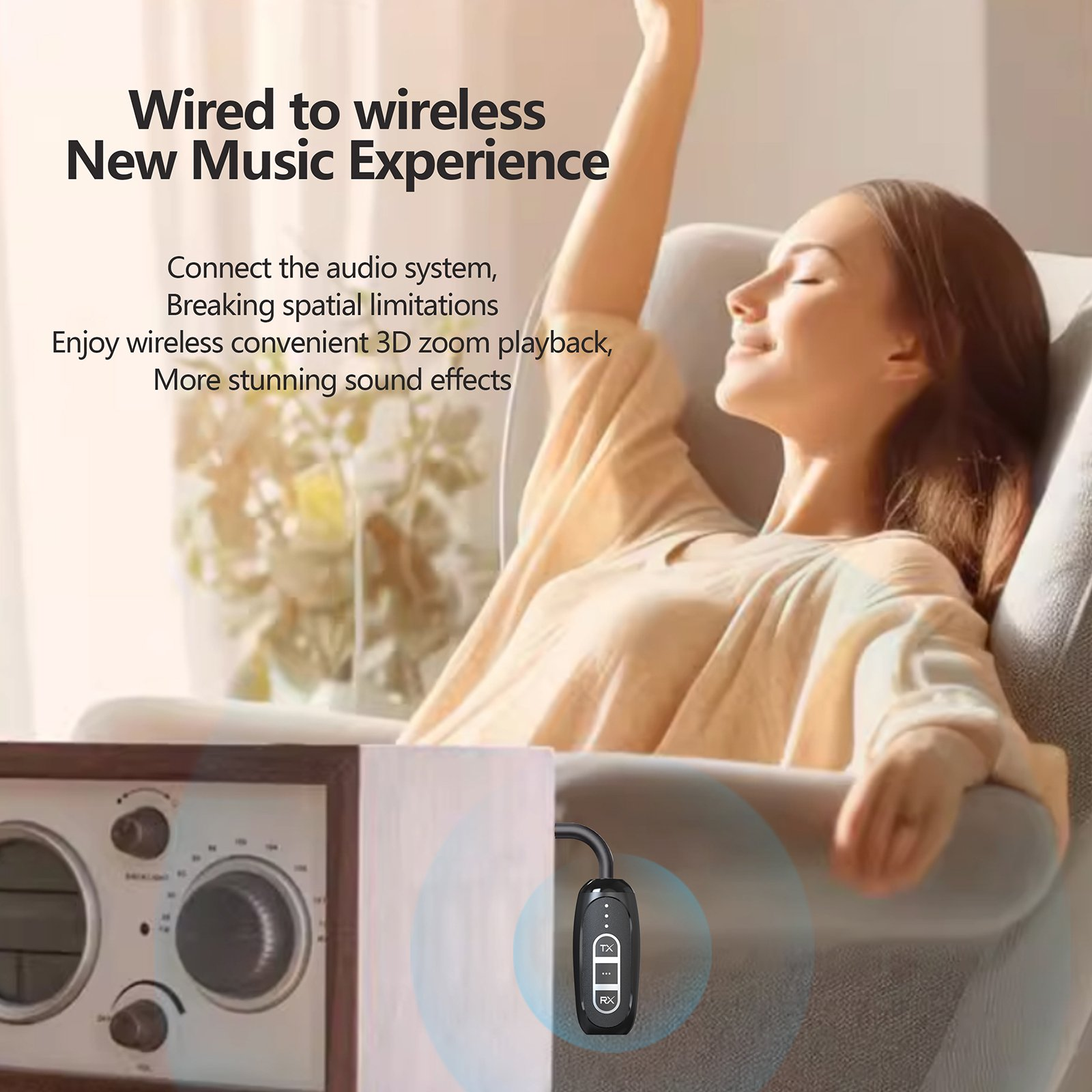 Eine Frau entspannt in einem Sessel, während ein drahtloser Audio-Adapter mit einem Vintage-Lautsprecher verbunden ist.