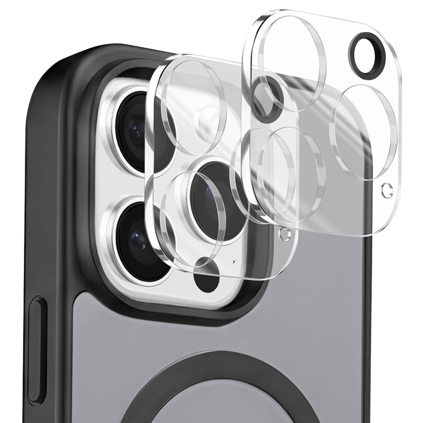 Transparente Schutzgläser für die Kamera eines Smartphones in einer schwarzen Hülle.