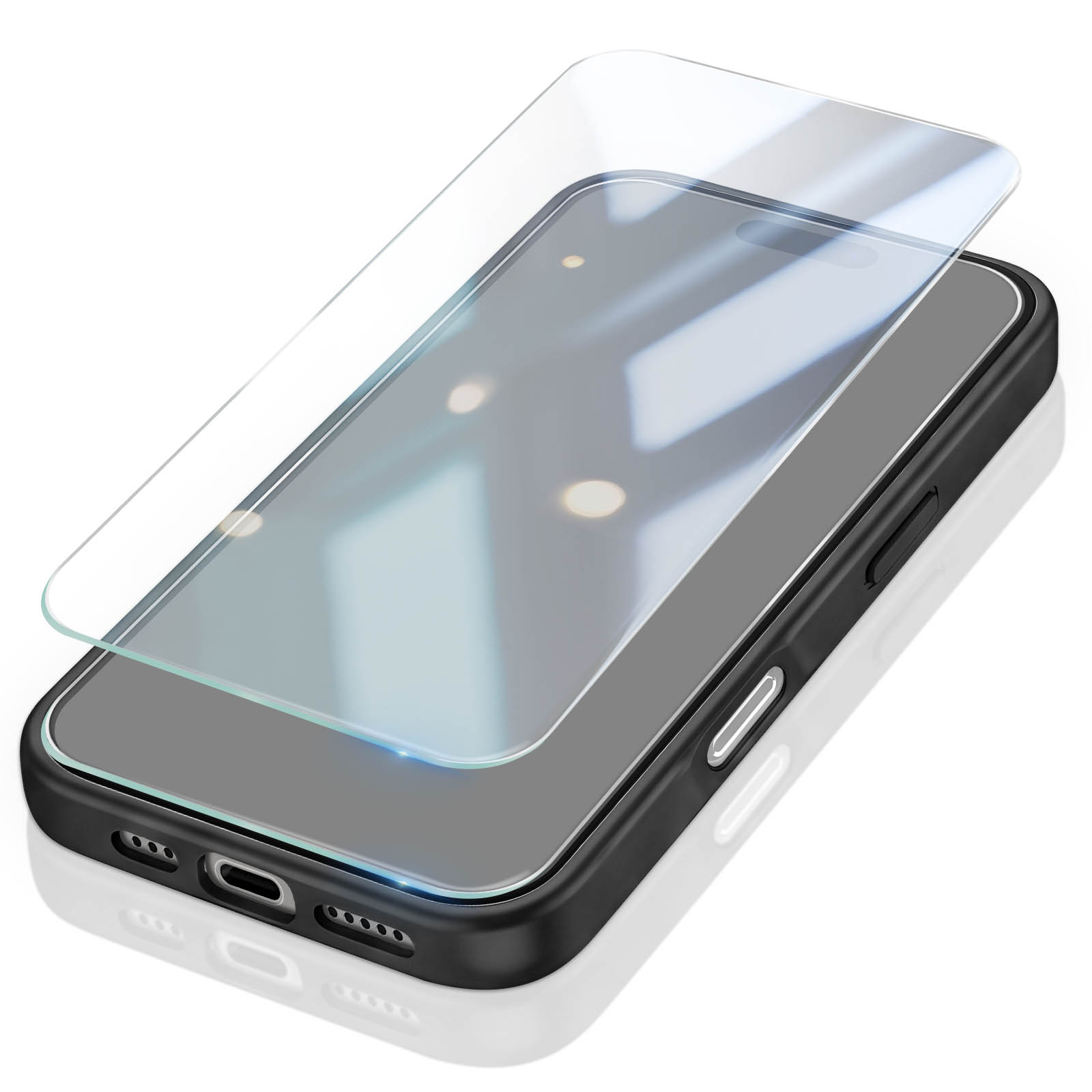 Ein Smartphone mit einer schwarzen Hülle und einer klaren, abnehmbaren Glas-Bildschirmfolie darüber.