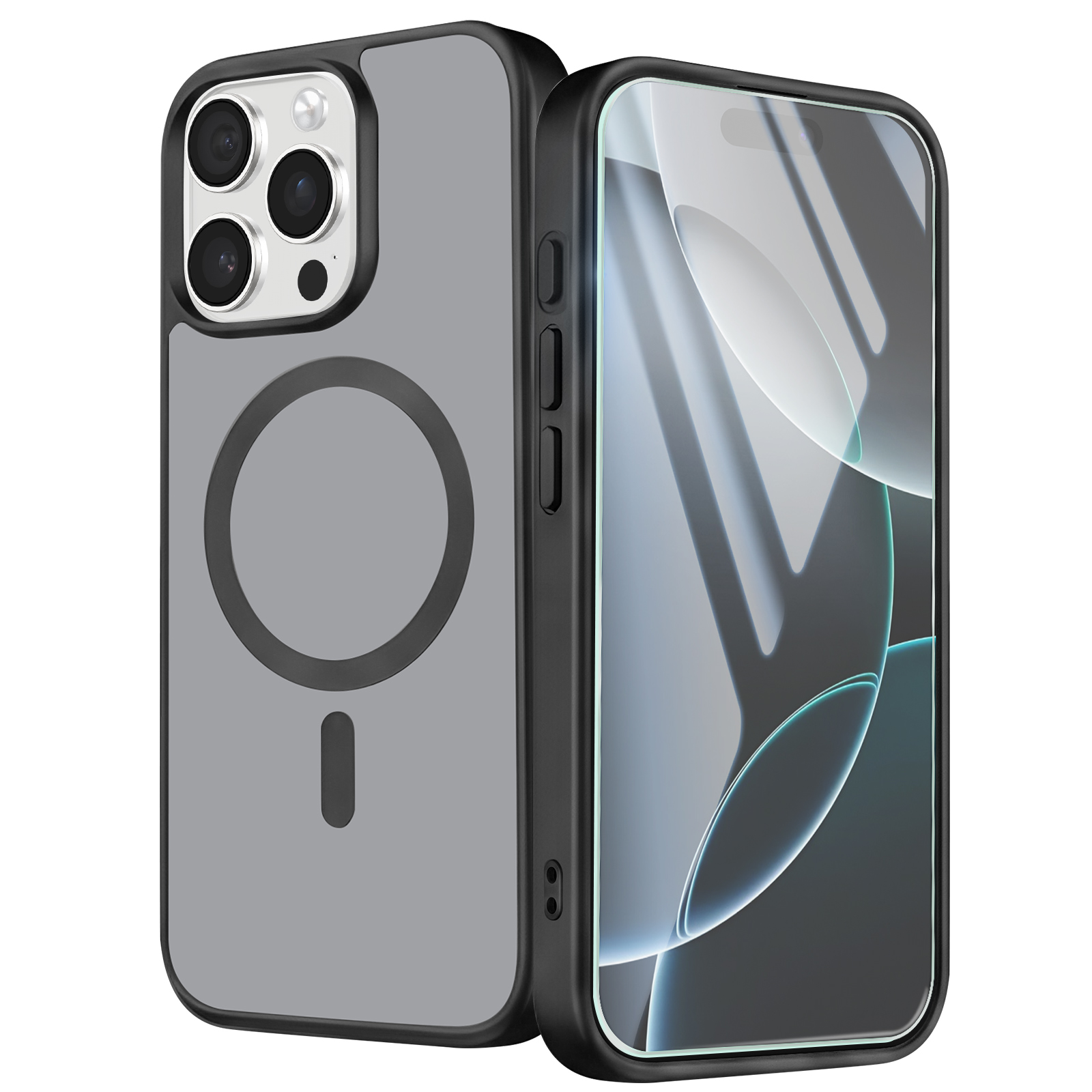 Zwei schwarze Handyhüllen für iPhones, eine mit MagSafe-Ring auf der Rückseite und eine mit Display.