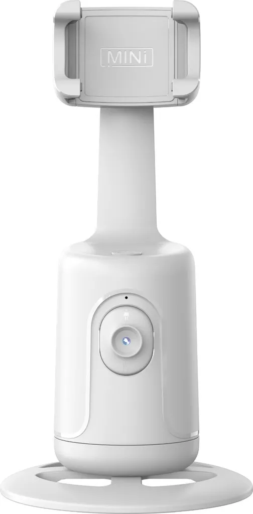 Ein weißer Mini-Handyhalter mit runder Basis und Kamera auf einem neutralen Hintergrund.