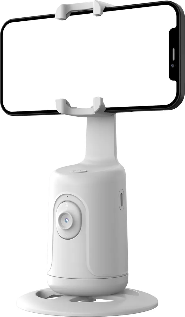Ein weißer Smartphone-Ständer mit integrierter Kamera und runder Basis auf weißem Hintergrund.
