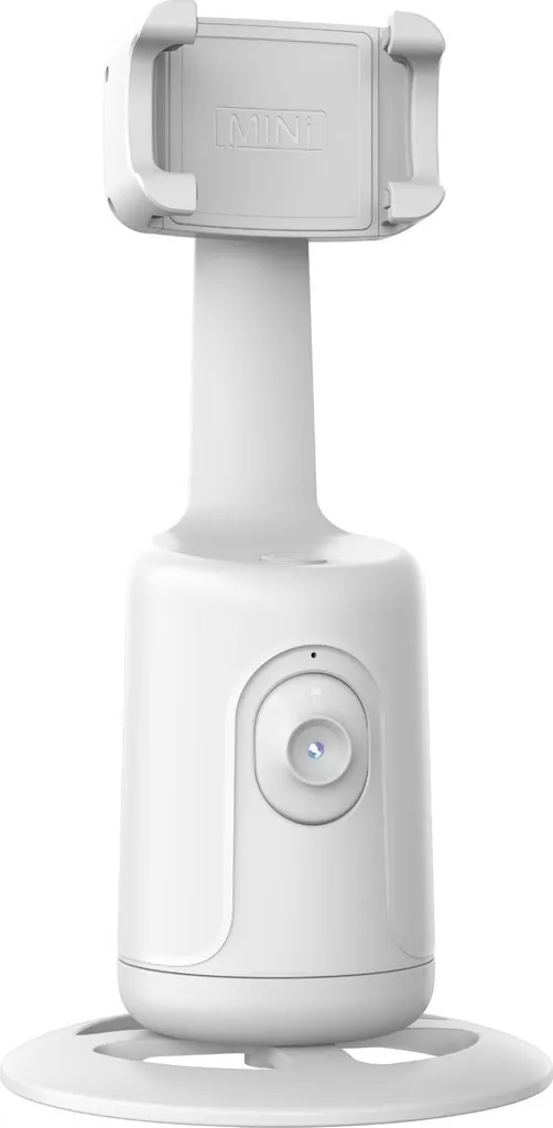 Ein weißes Gimbal-Stativ mit runder Basis, zylindrischem Korpus, LED-Knopf und oberer Smartphone-Halterung.