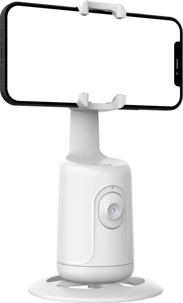 Ein weißer, zylindrischer Smartphone-Gimbal mit einer Klemme hält ein horizontales Mobiltelefon auf einem runden Sockel.