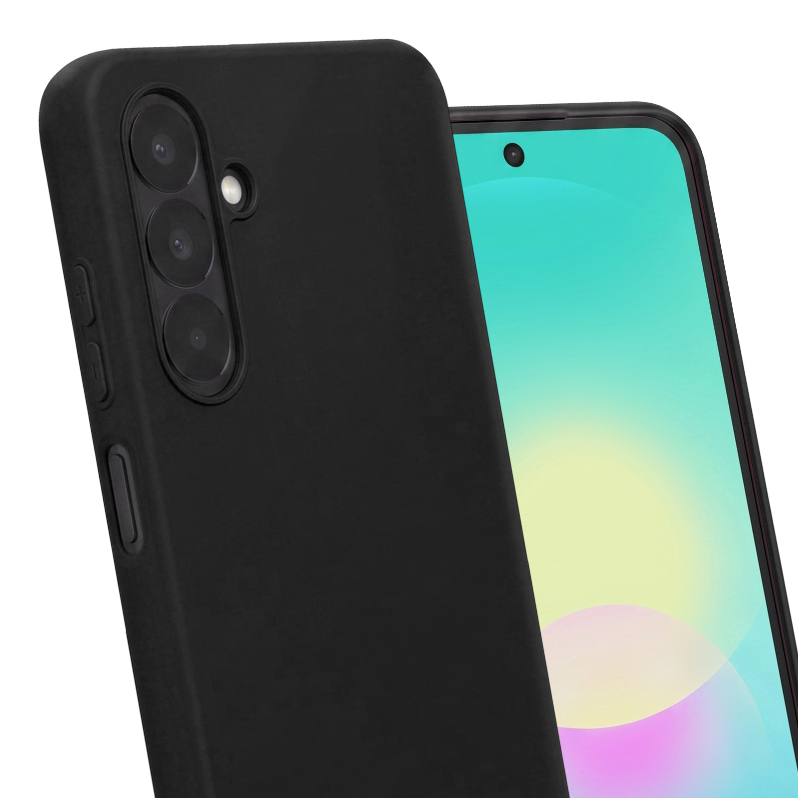 Ein schwarzes Smartphone mit dreifacher Kamera auf der Rückseite und bunten Display.