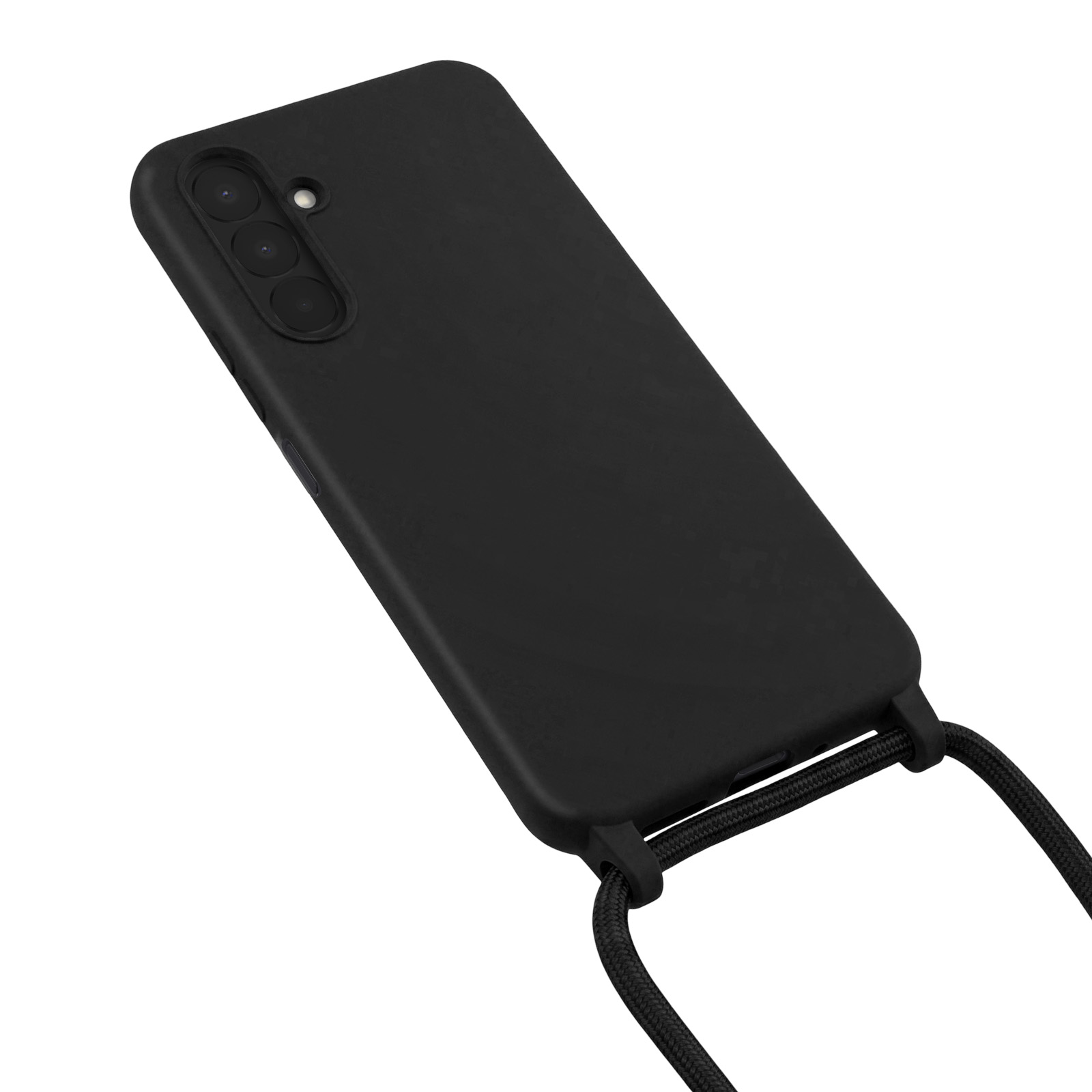 Ein schwarzes Smartphone in einer Hülle mit einer schwarzen Umhängekordel vor weißem Hintergrund.