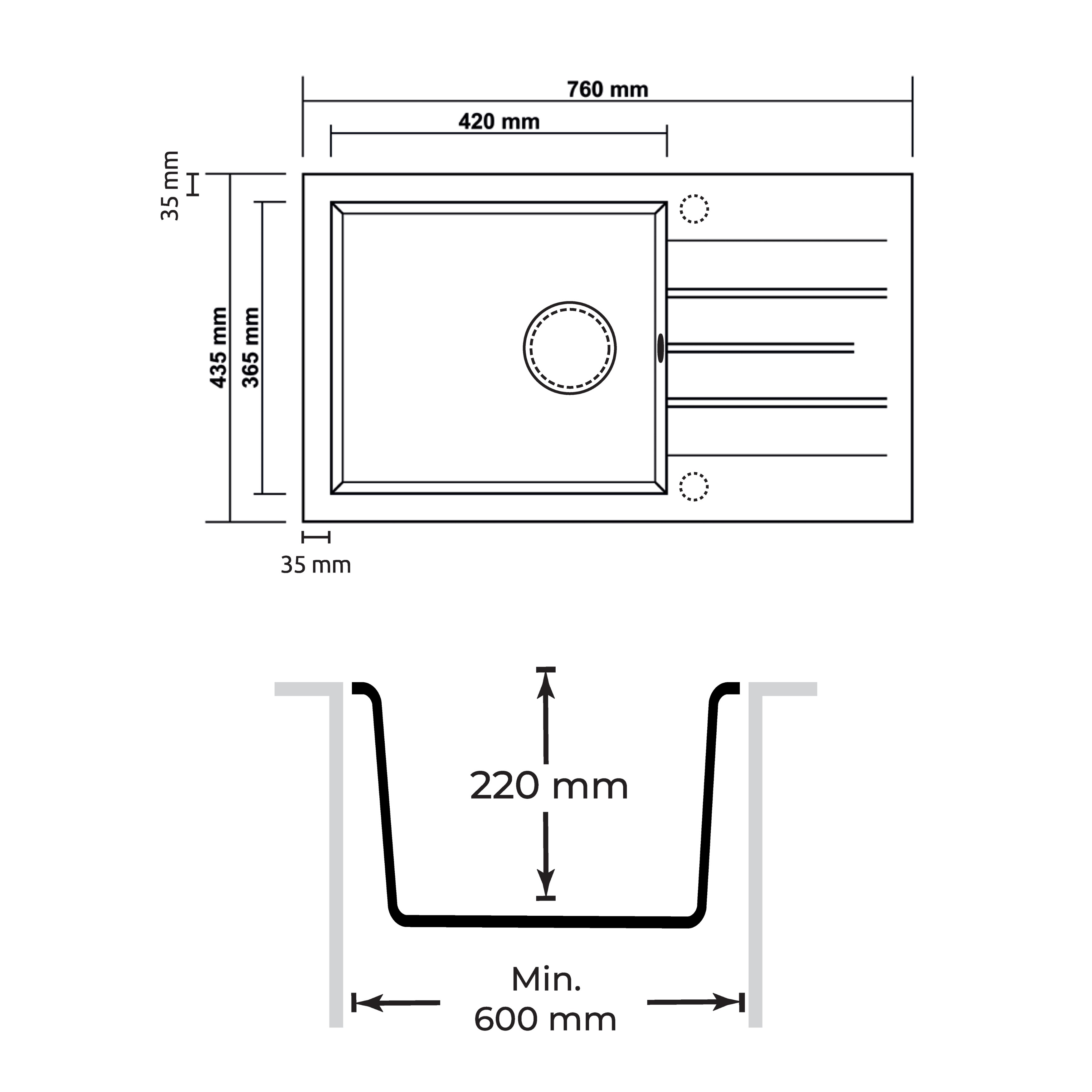 Technische Zeichnung einer rechteckigen Küchenspüle mit Maßen und Drainage.