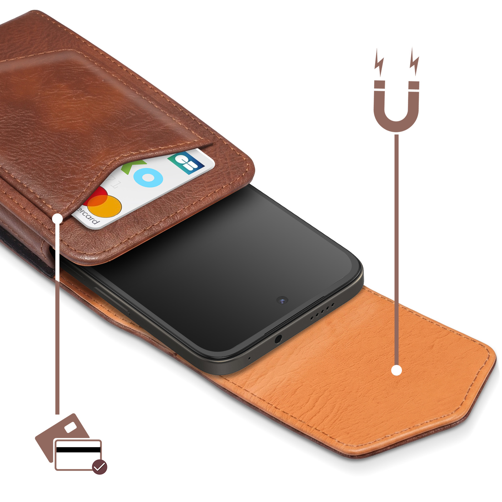 Braune Leder-Handytasche mit Kartenfach und Magnetverschluss, die das Smartphone sicher im Inneren hält.