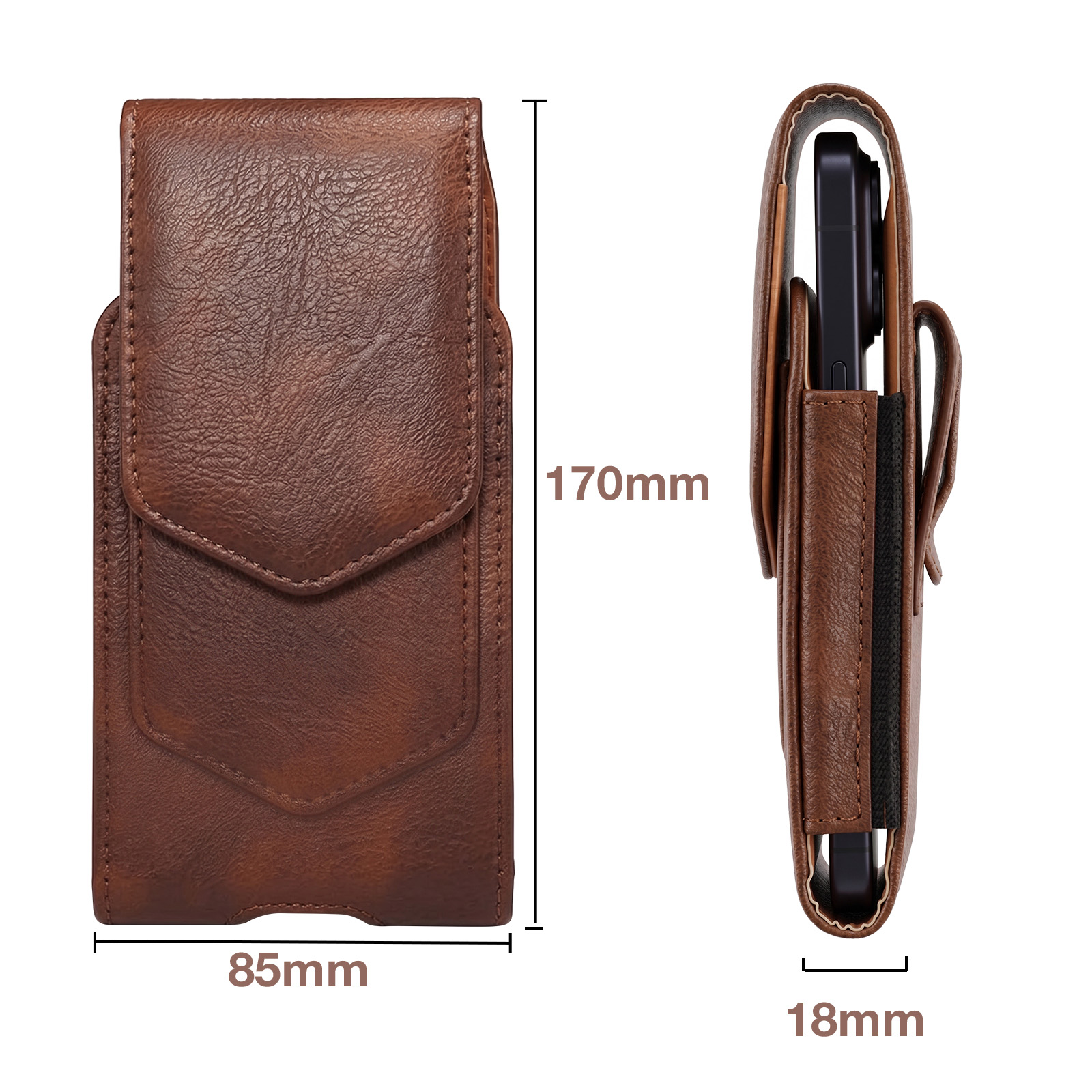 Braunes Leder-Handyholster mit den Maßen 170 mm Höhe, 85 mm Breite und 18 mm Dicke.