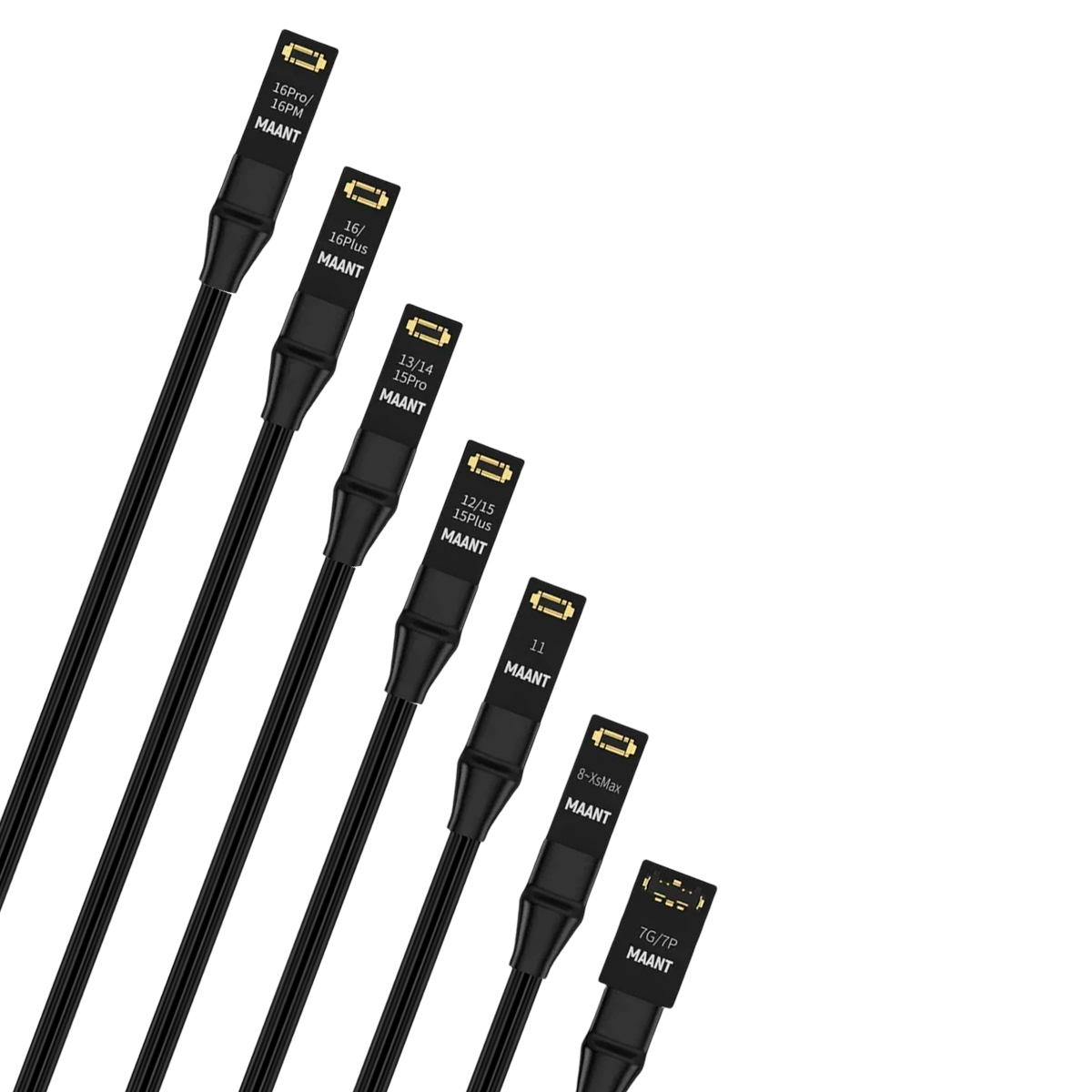 Sechs schwarze MAANT-Reparaturkabel mit goldenen Steckern für verschiedene iPhone-Modelle.