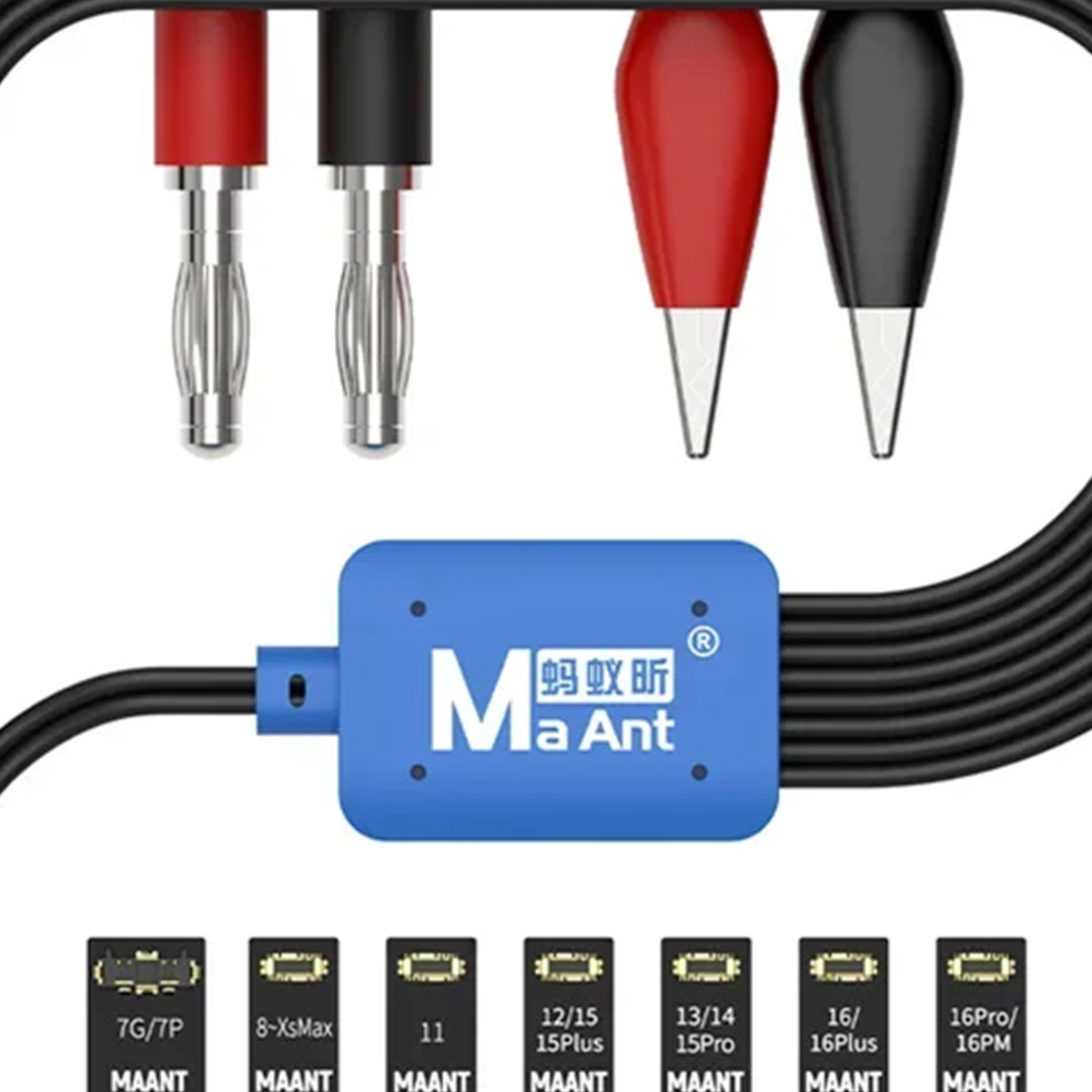 Multimeter-Testkabel mit blauem Adapter, Krokodilklemmen, Bananensteckern und verschiedenen Steckern für Handys.