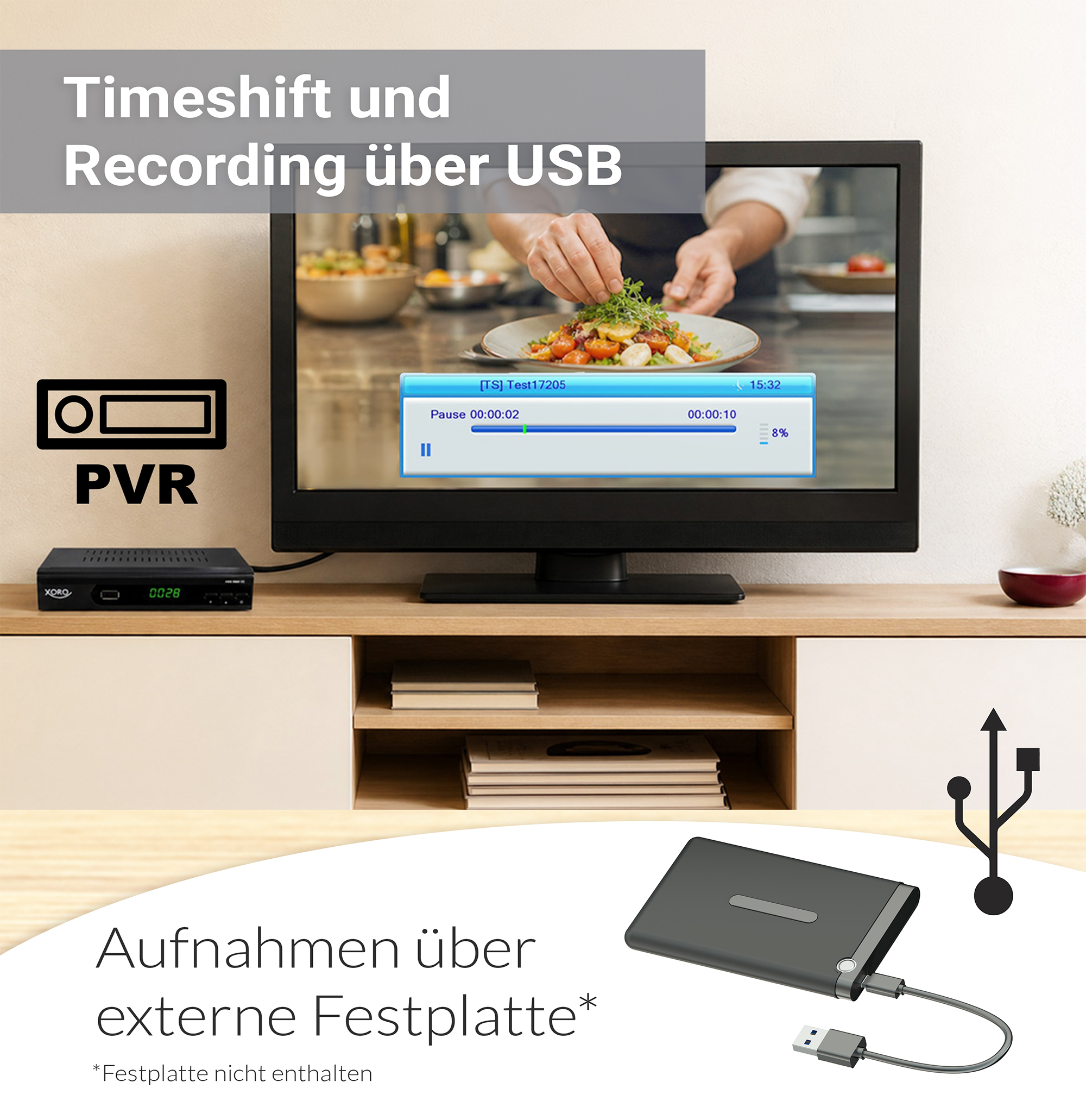 Ein Fernseher zeigt eine Kochshow, verbunden mit einer USB-Festplatte für PVR-Aufnahmen.