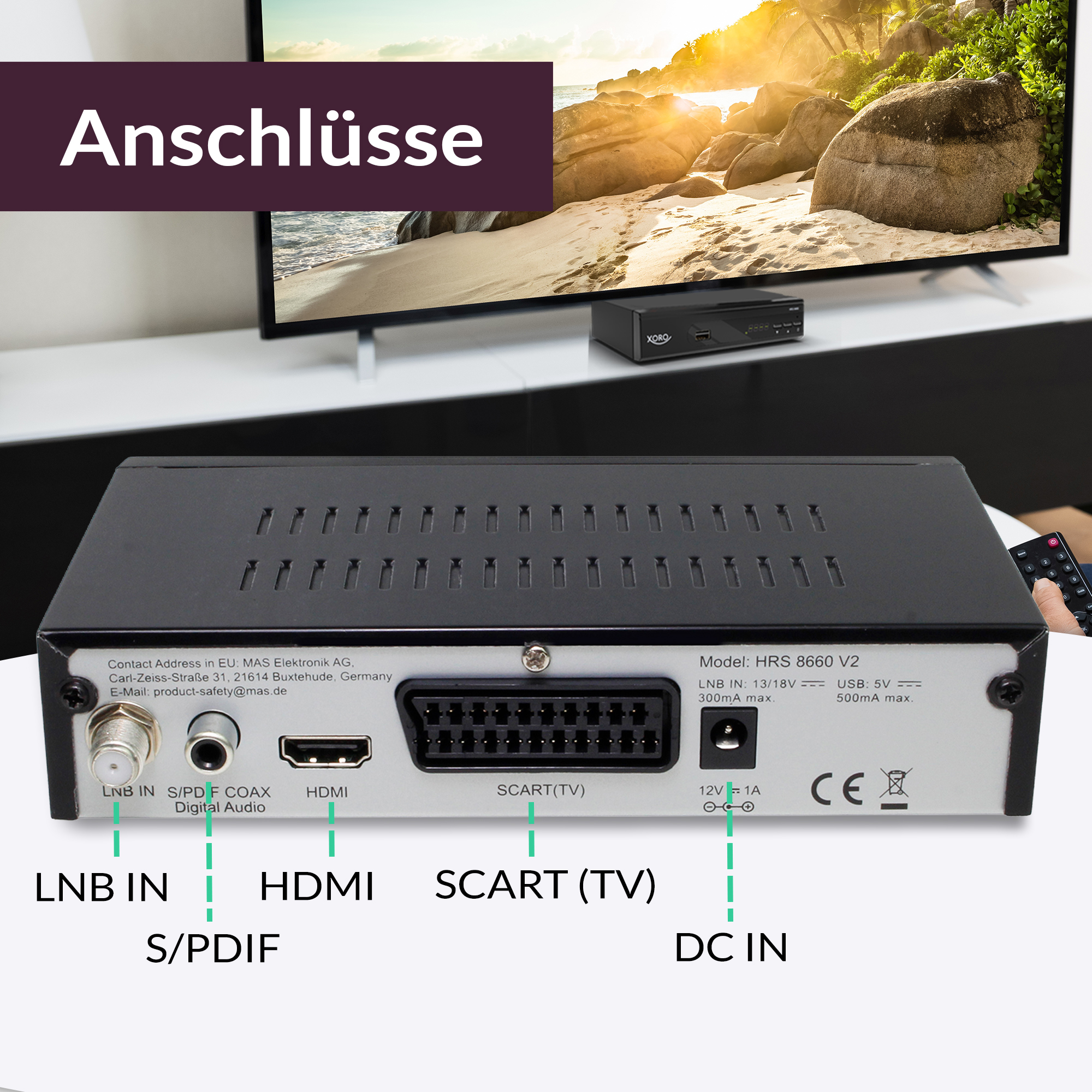 Rückseite des Receivers mit Anschlüssen wie LNB IN, S/PDIF, HDMI, SCART und DC IN.