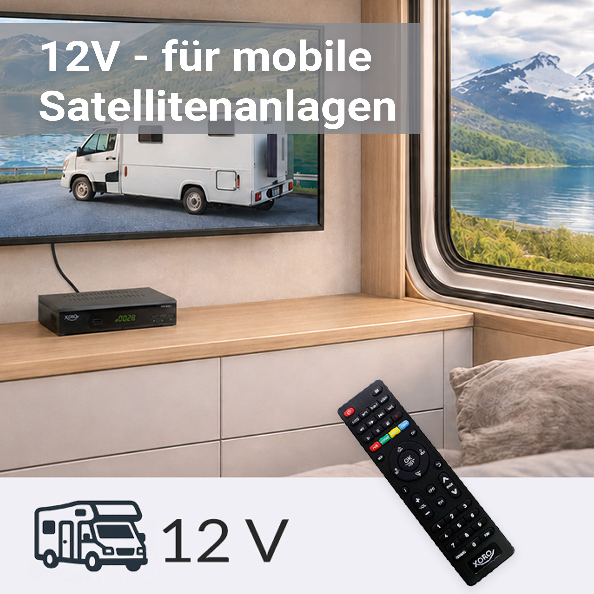 Wohnmobil-Innenraum mit Fernseher, Receiver, Fernbedienung und Blick auf eine Berglandschaft aus dem Fenster.