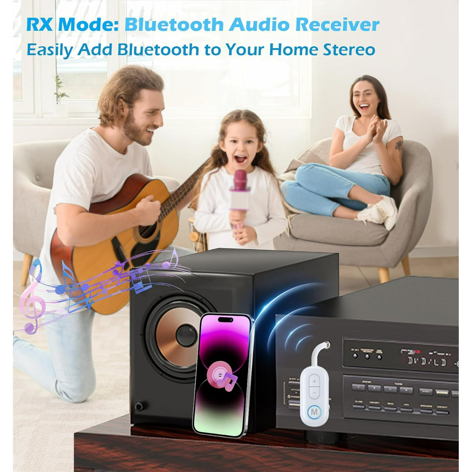 Eine Familie genießt Musik mit einem Smartphone, das über einen Bluetooth-Empfänger mit einer Stereoanlage verbunden ist.