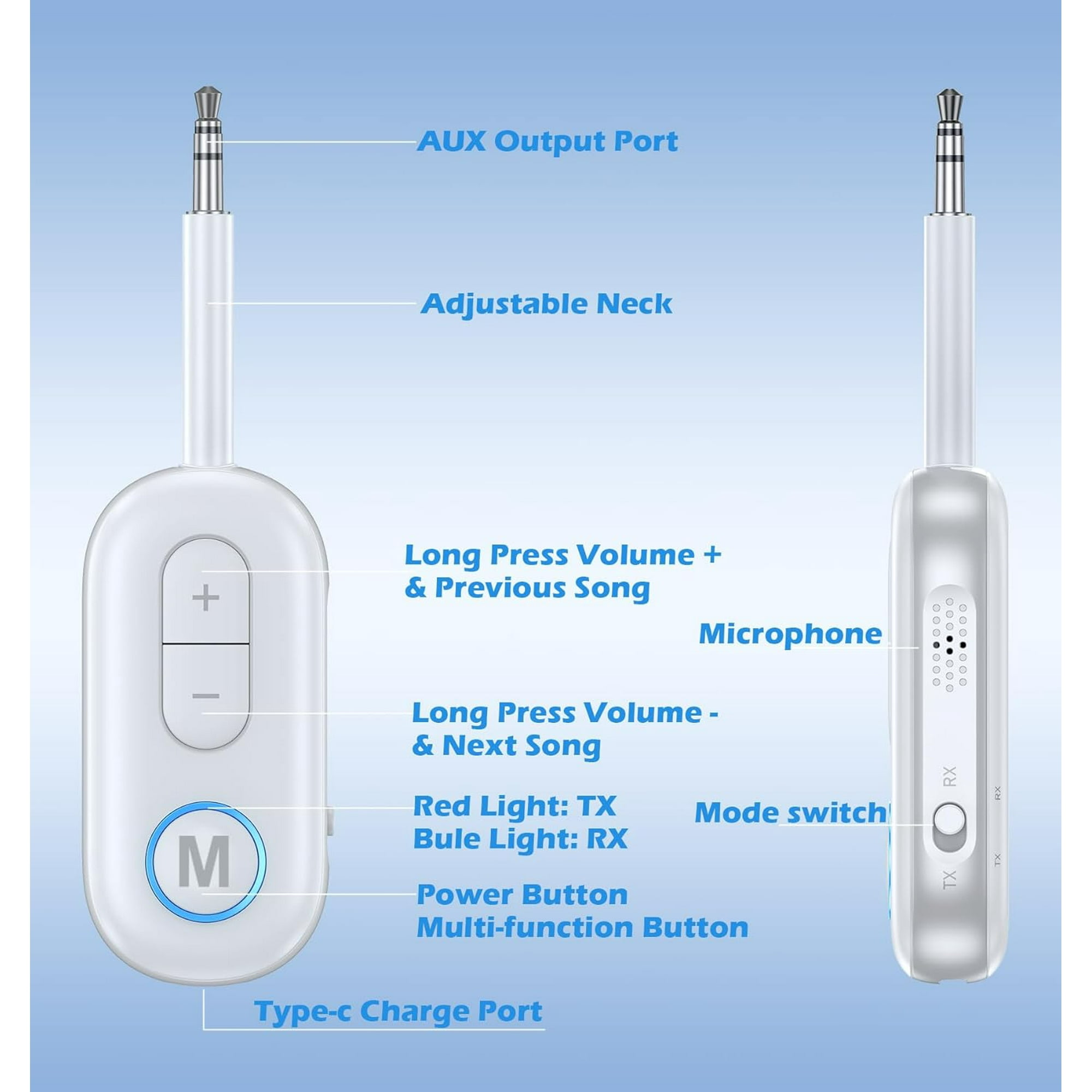 Diagramm zeigt Tasten und Anschlüsse eines weißen Bluetooth-Audio-Adapters mit Aux-Kabel.