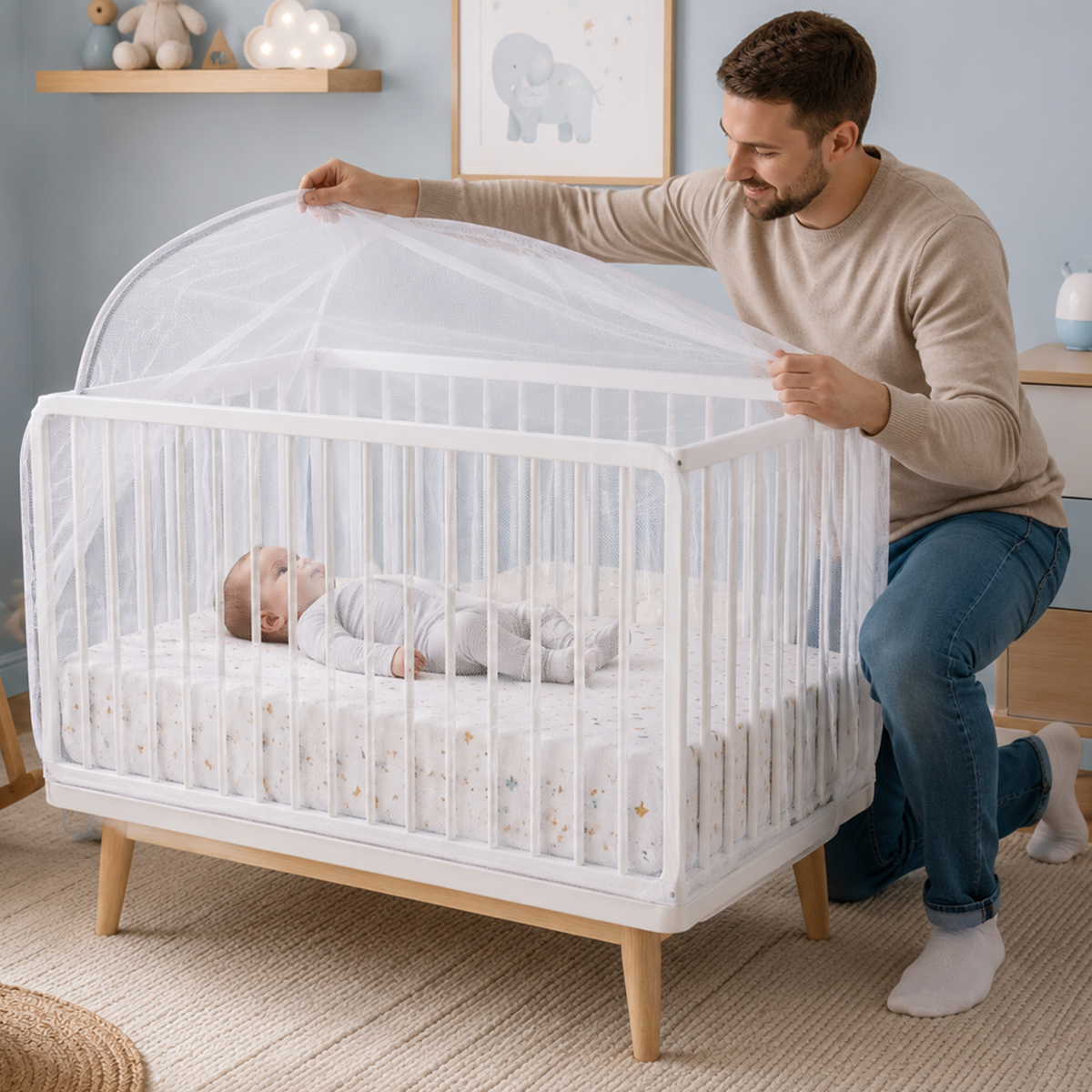 Ein Vater setzt ein Moskitonetz auf ein weißes Babybett, in dem ein Baby liegt.