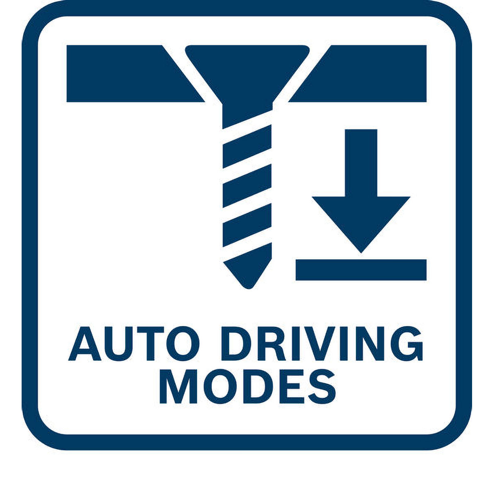 Ein blau-weißes Symbol mit einer Schraube, einem Abwärtspfeil und dem Text AUTO DRIVING MODES.