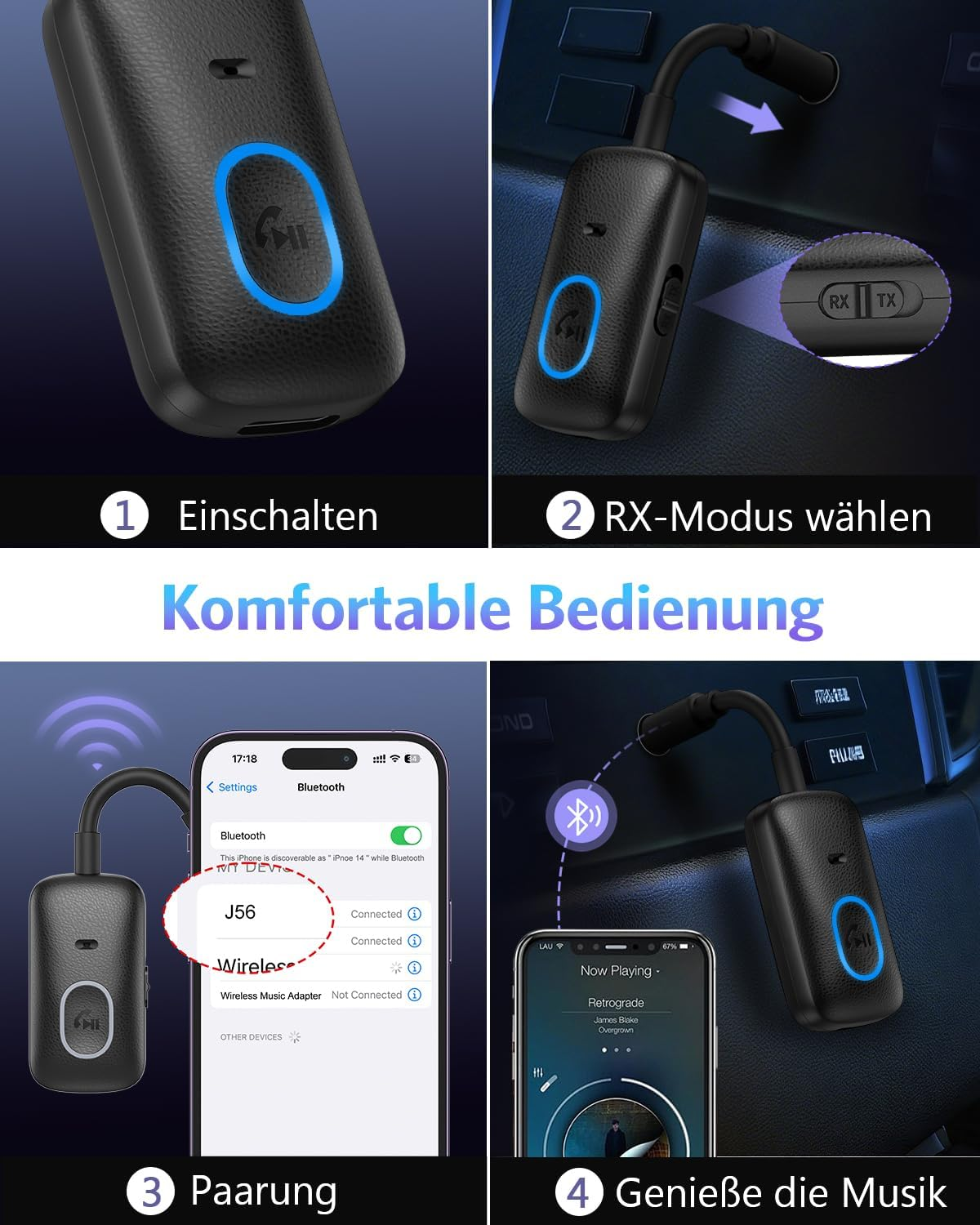 Vier schritte zeigen die bedienung des bluetooth-adapters: einschalten, rx-modus, kopplung und musik genießen.