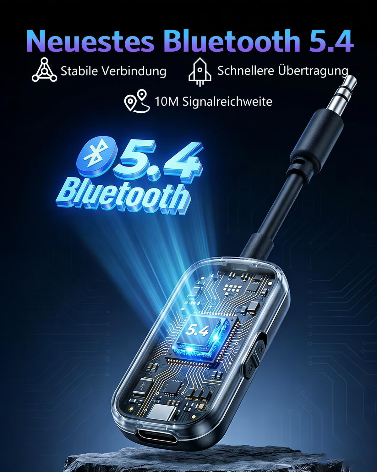 Bluetooth 5.4 Adapter mit 3.5mm Klinkenstecker auf dunklem Hintergrund mit technischen Symbolen.