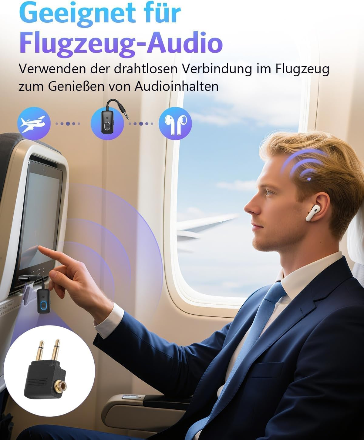Ein Mann im Anzug nutzt drahtlose Kopfhörer, um Flugzeug-Audio über einen Bluetooth-Adapter zu hören.