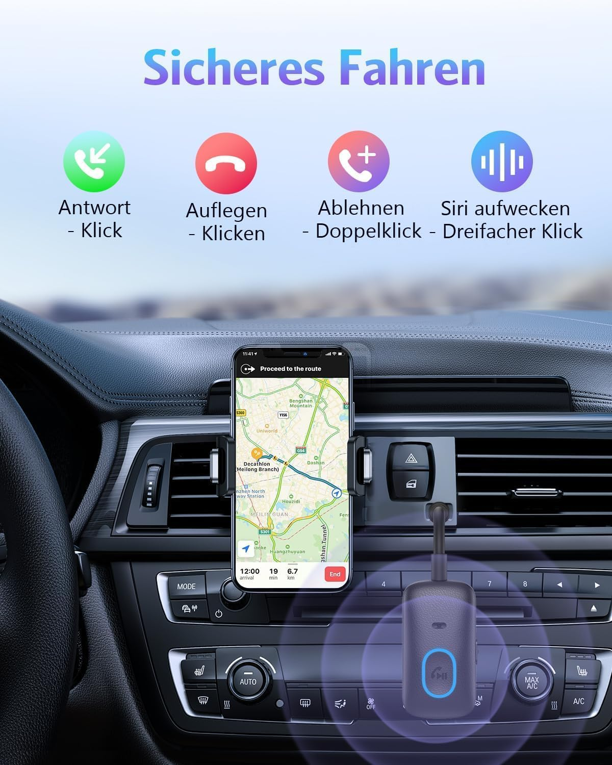 Smartphone in einer Autohalterung mit Navigations-App und Bedienungsanleitung für sicheres Fahren.