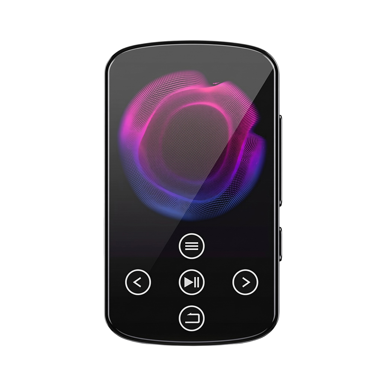 Ein schwarzer MP3-Player mit Touch-Bedienfeld und einem bunten pink-blauen Grafikmuster auf dem Bildschirm.