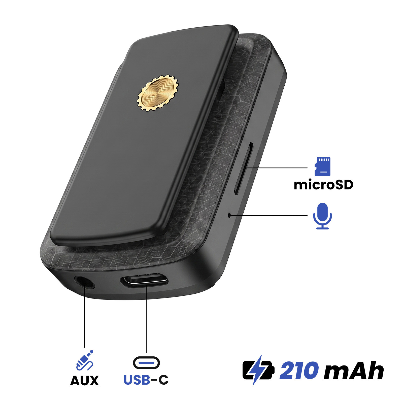 Schwarzes Clip-Gerät mit USB-C, AUX, microSD und Mikrofon, Batterie 210 mAh.