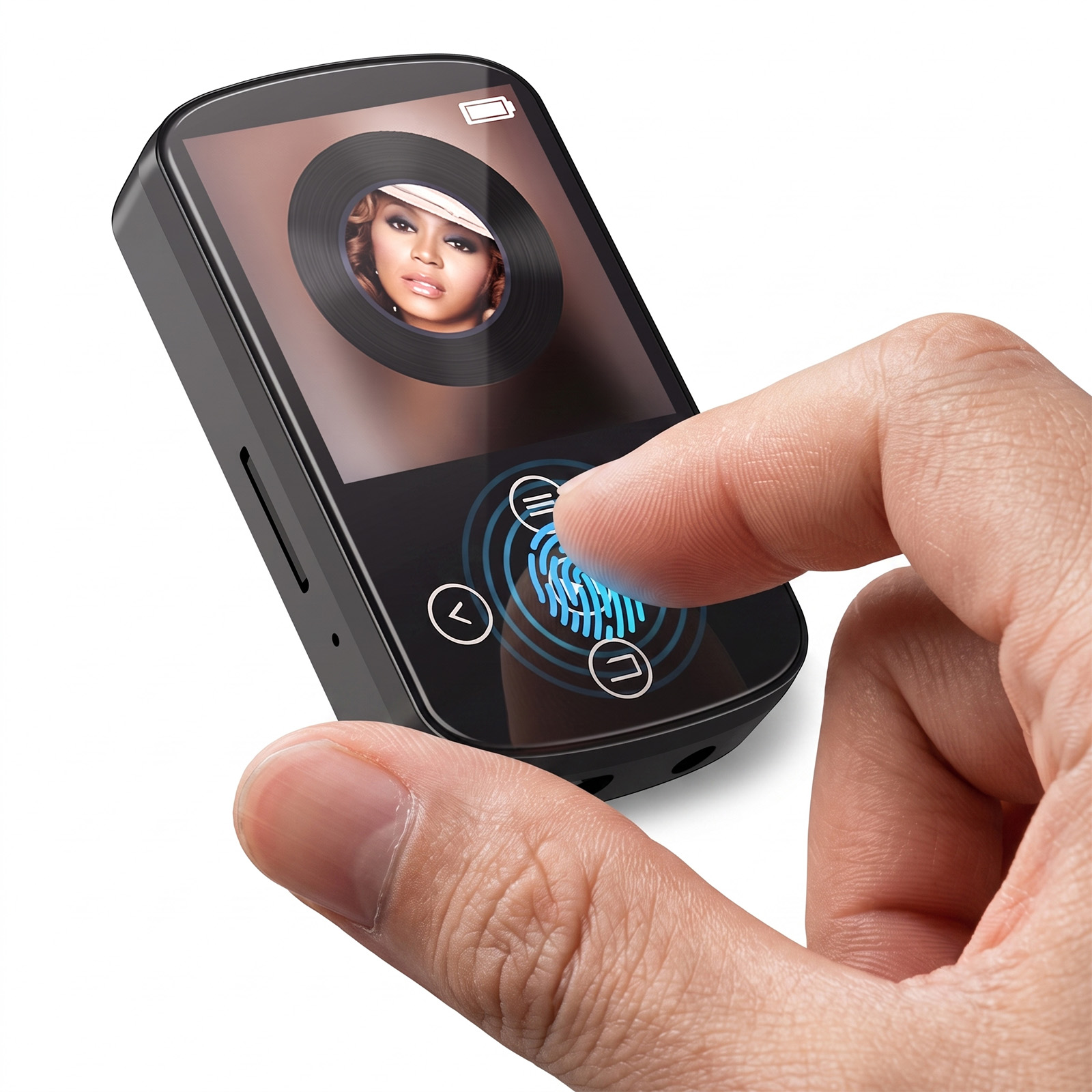 Eine Hand berührt den Bildschirm eines kleinen schwarzen MP3-Players mit angezeigtem Albumcover.