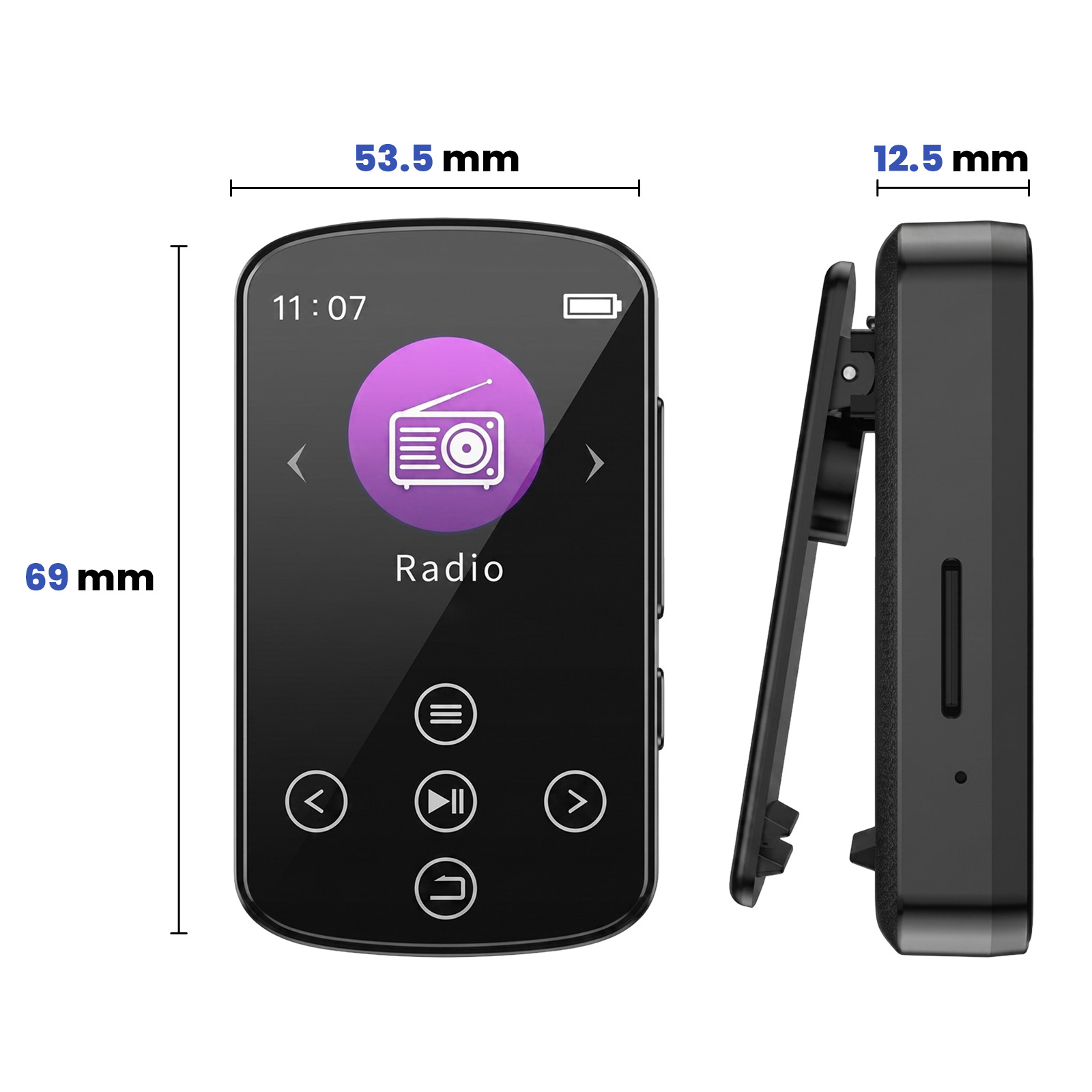 Schwarzer MP3-Player mit Abmessungen: 69 mm Höhe, 53,5 mm Breite, 12,5 mm Dicke, und integriertem Clip.