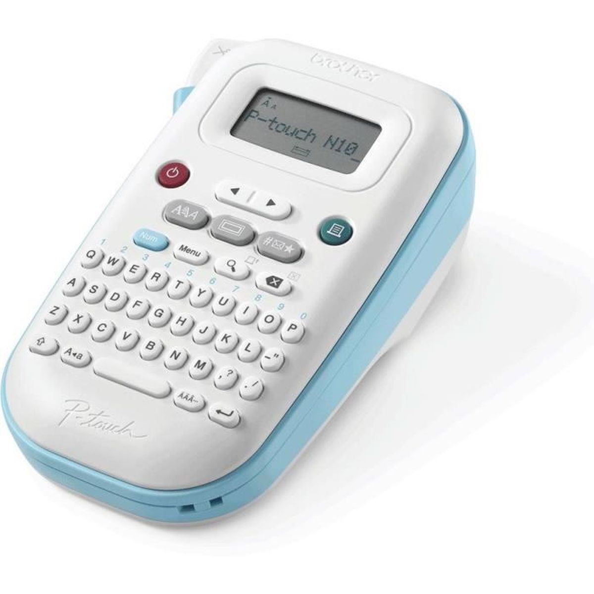 Weiß-blaues Brother P-touch N10 Etikettiergerät mit QWERTZ-Tastatur und Display auf weißem Hintergrund.
