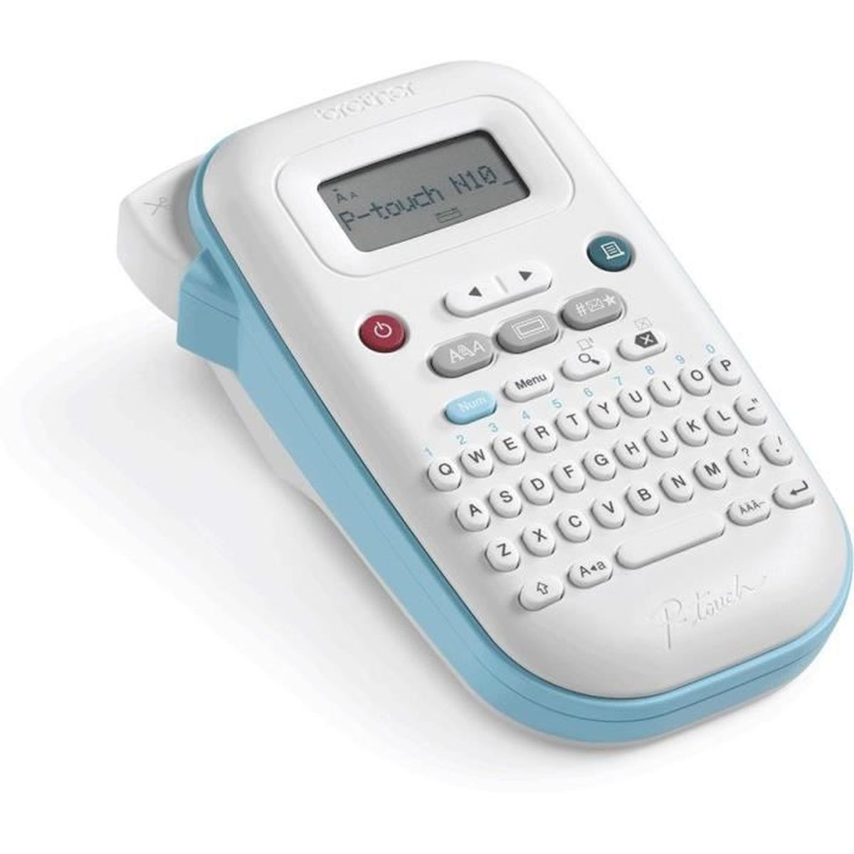 Ein weiß-hellblaues Brother P-touch Beschriftungsgerät mit QWERTY-Tastatur und Display auf weißem Hintergrund.