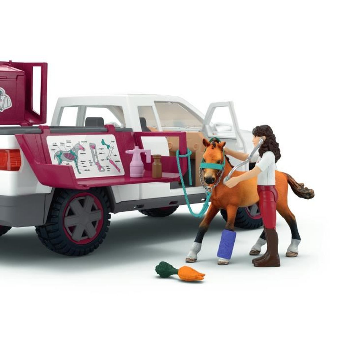 Eine Tierärztin behandelt ein verletztes Pony neben einem weißen und magentafarbenen Pick-up.